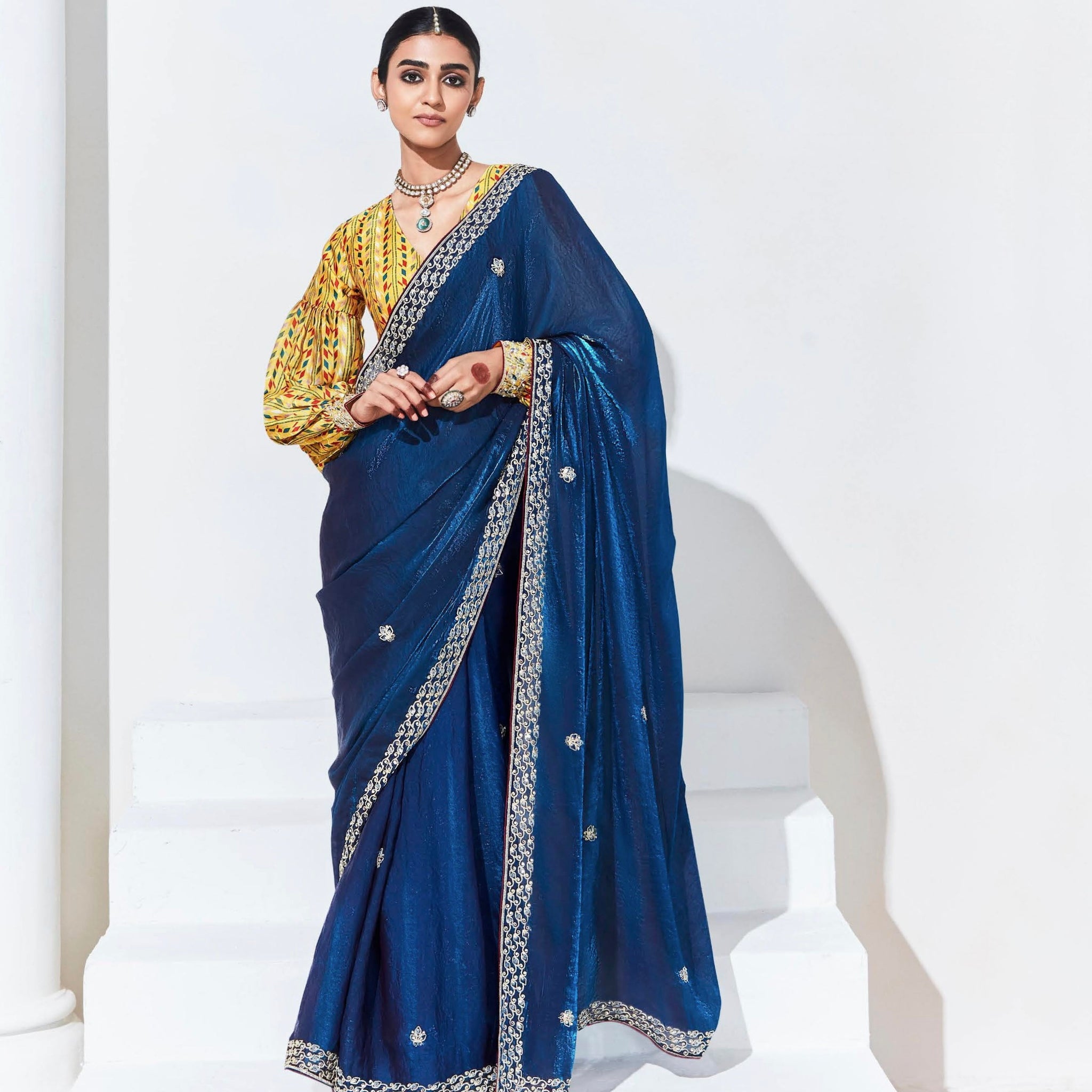 Royal Blue Organza Saree with Sequins and Thread Embroidery