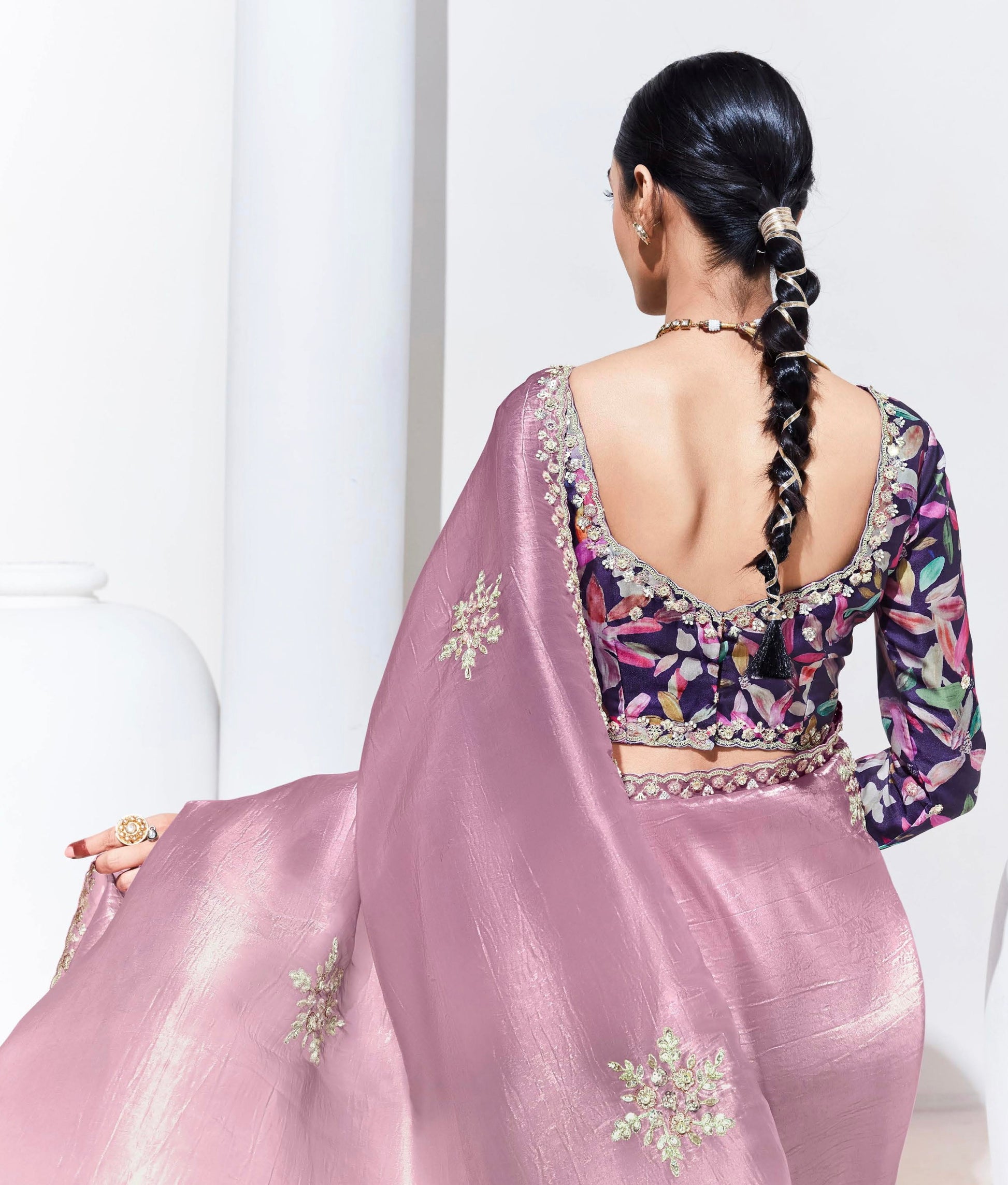 Lilac Glass Tissue Saree with Sequins and Thread Embroidery