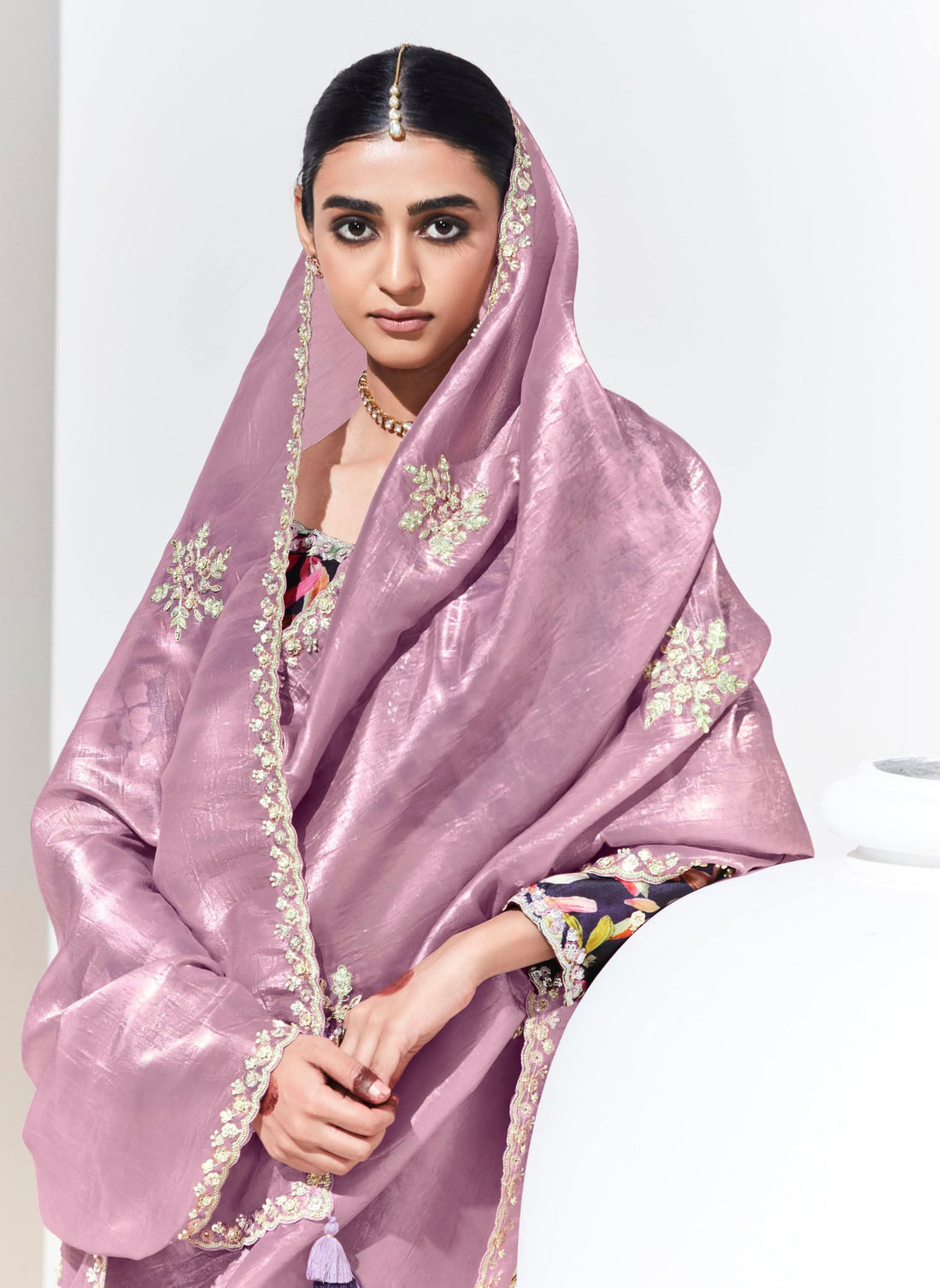 Lilac Glass Tissue Saree with Sequins and Thread Embroidery