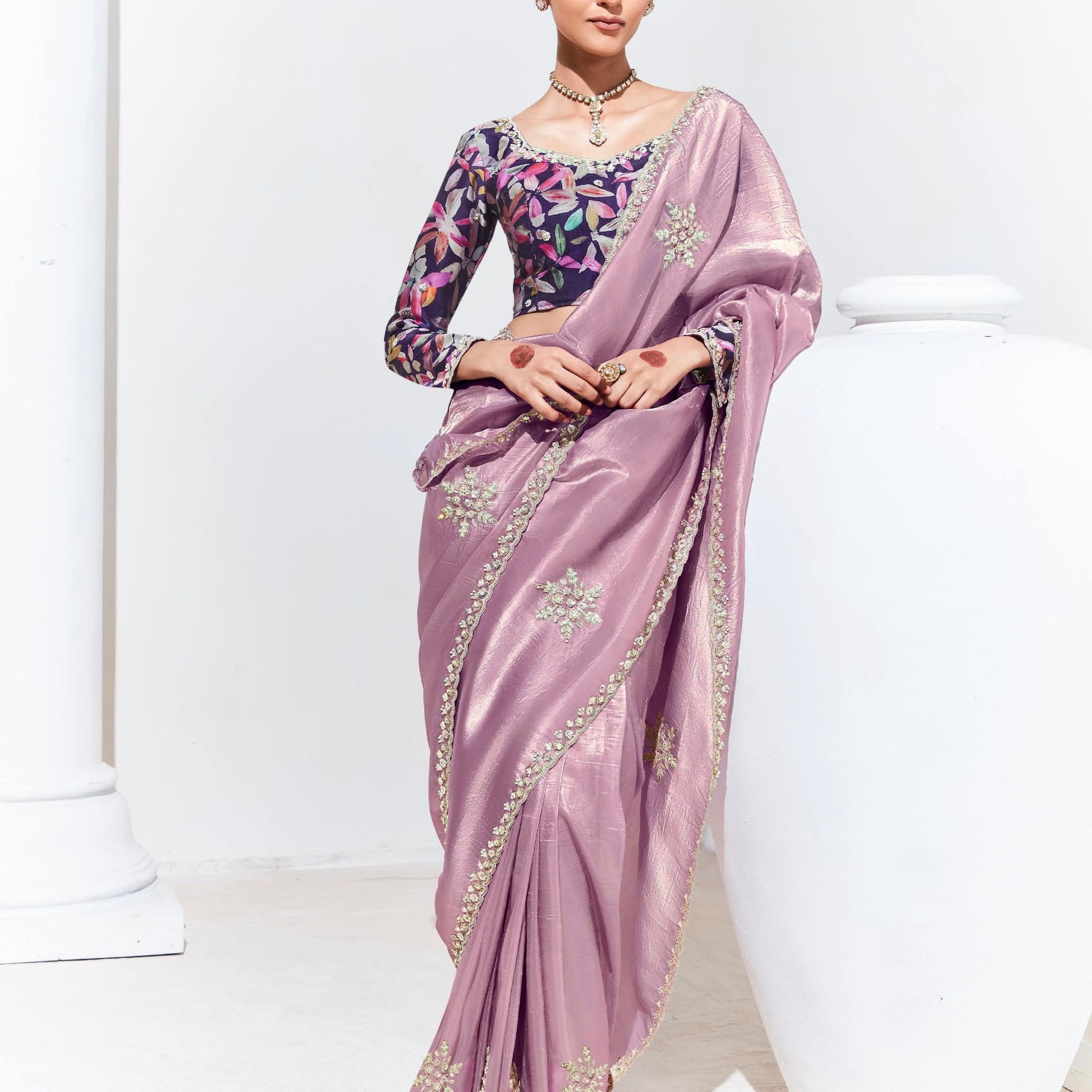 Lilac Glass Tissue Saree with Sequins and Thread Embroidery