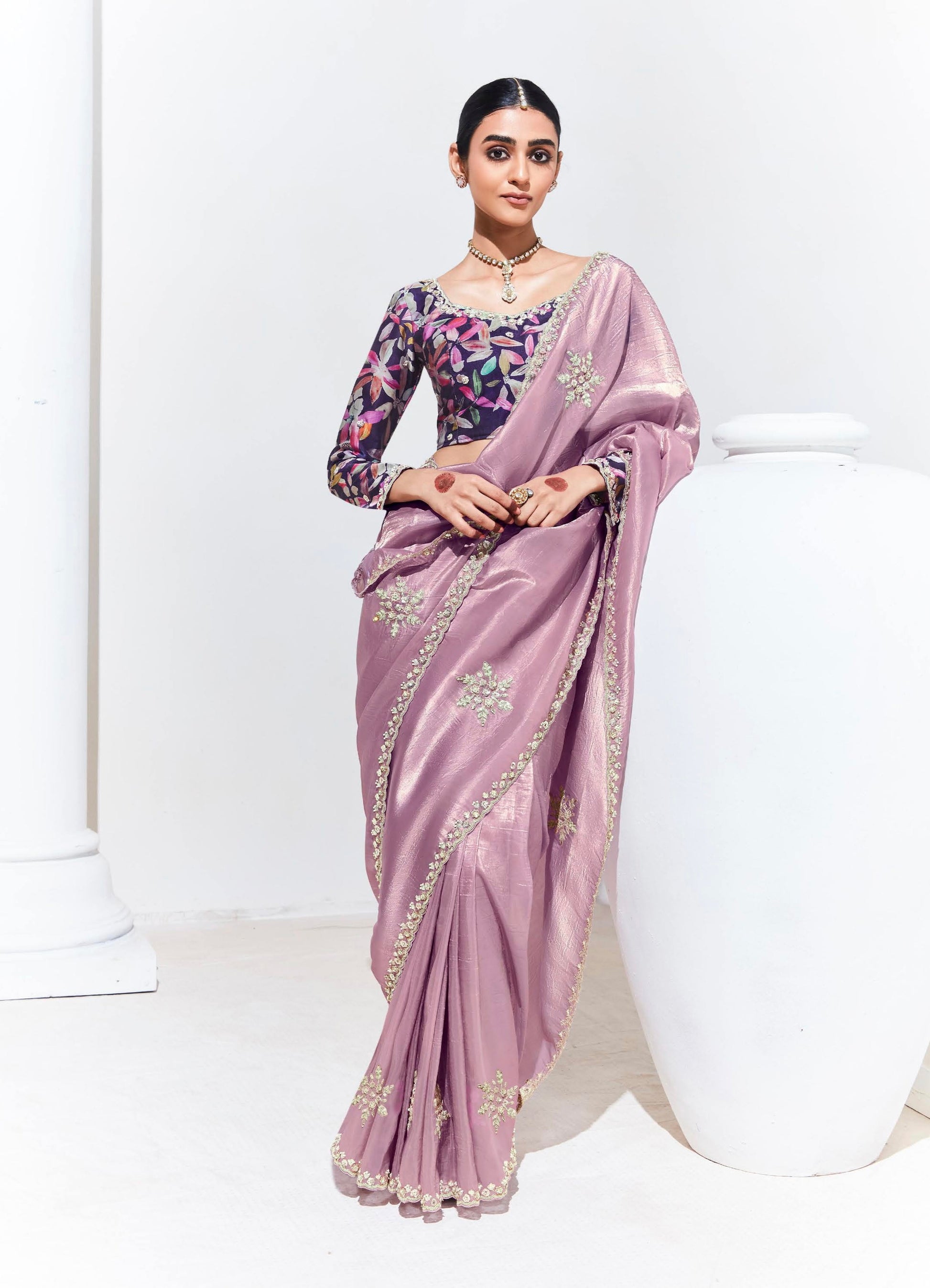 Lilac Glass Tissue Saree with Sequins and Thread Embroidery