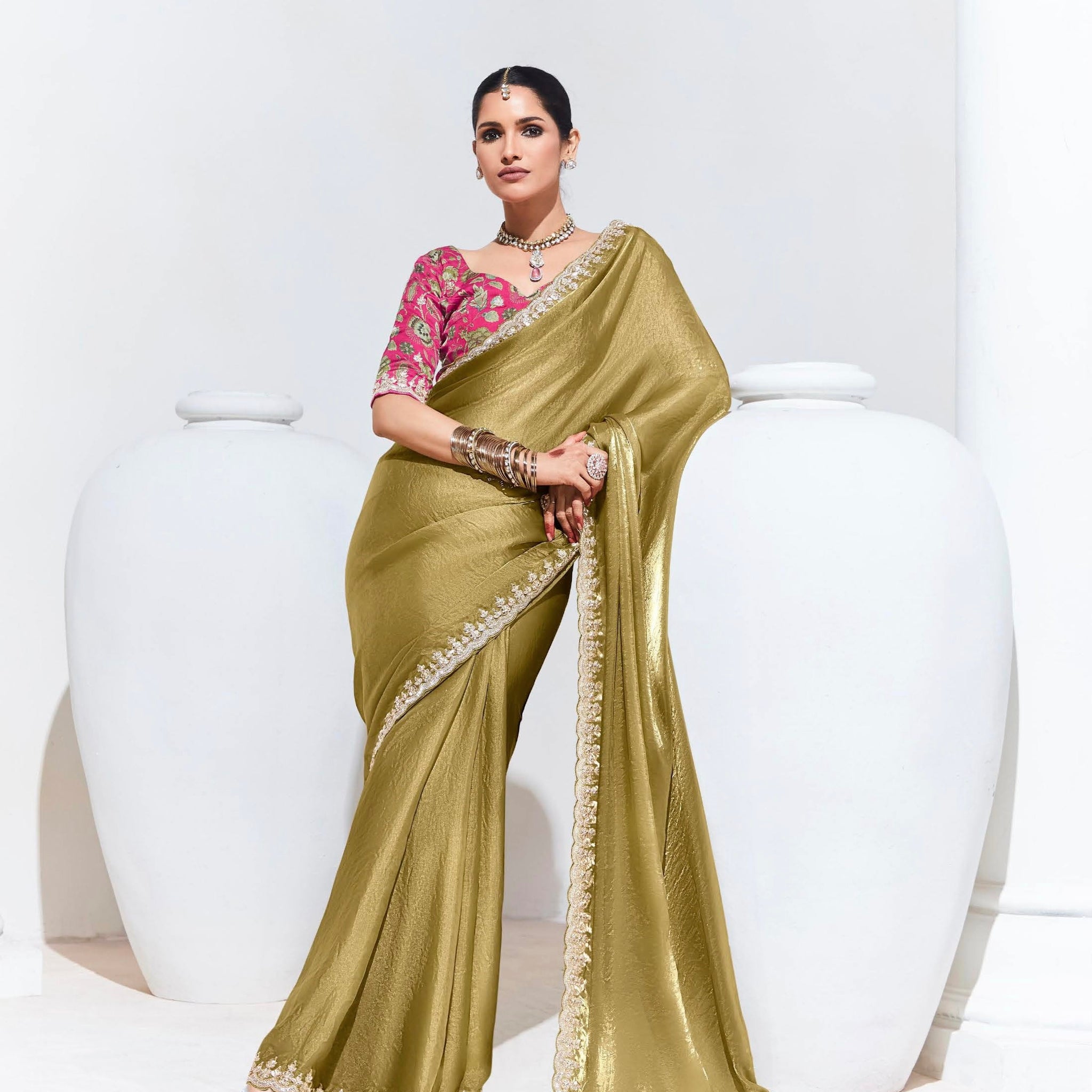 Olive Green Organza Saree with Sequins and Thread Embroidery