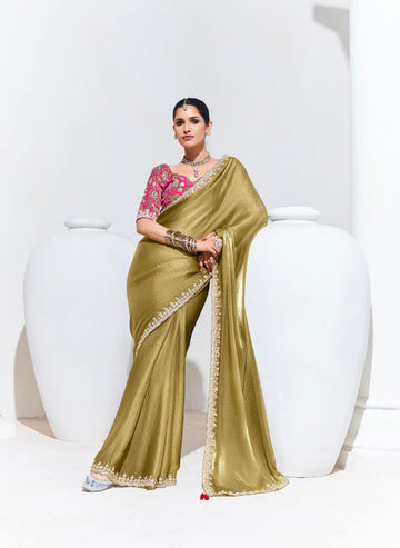 Olive Green Organza Saree with Sequins and Thread Embroidery