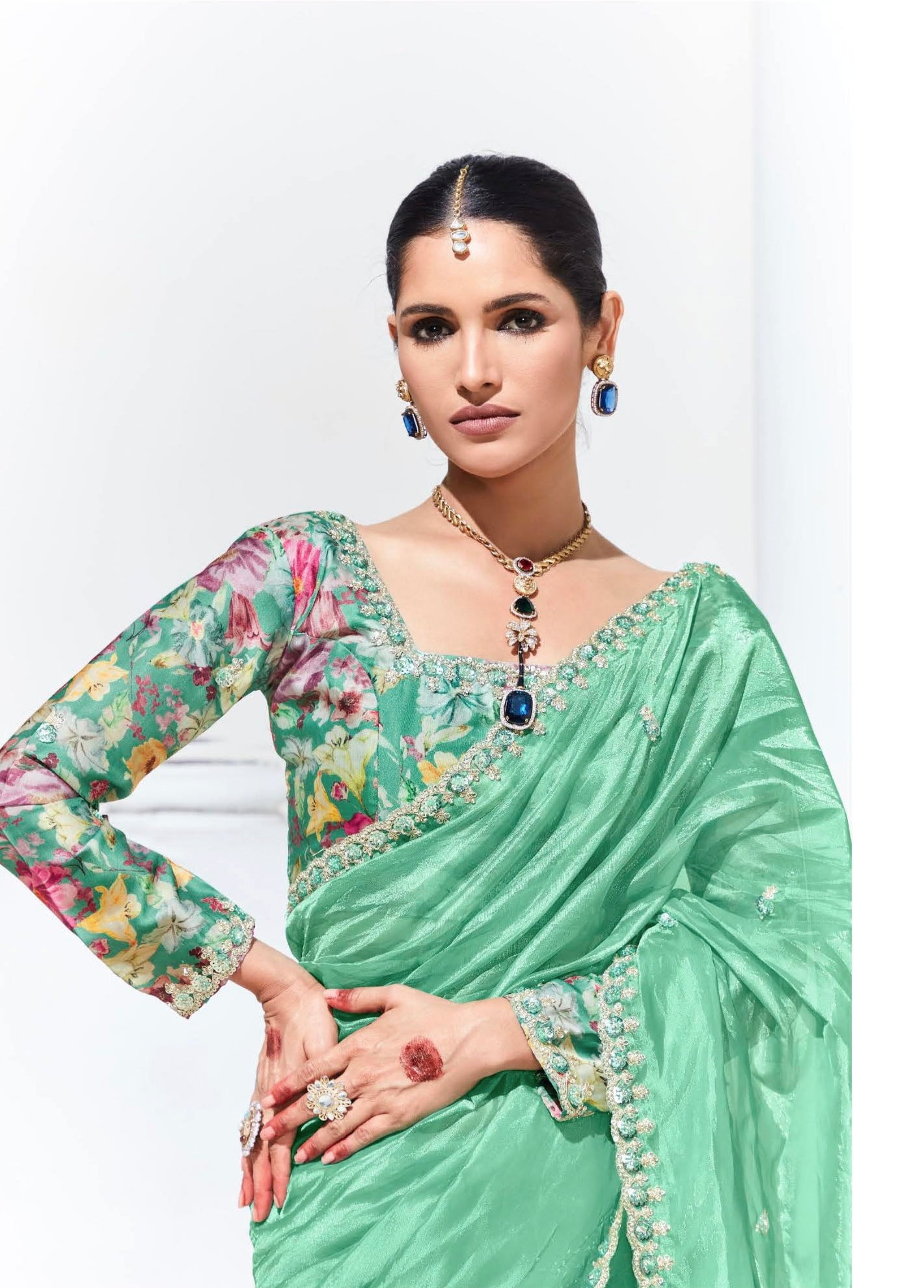 Mint Green Glass Tissue Saree with Sequins and Thread Embroidery