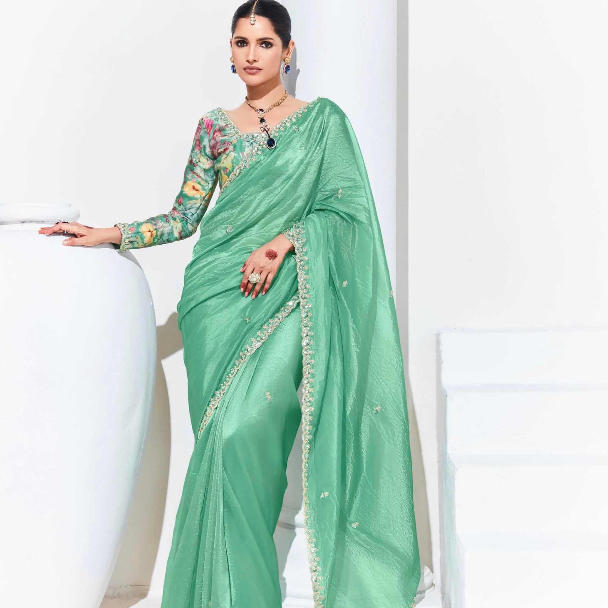 Mint Green Glass Tissue Saree with Sequins and Thread Embroidery