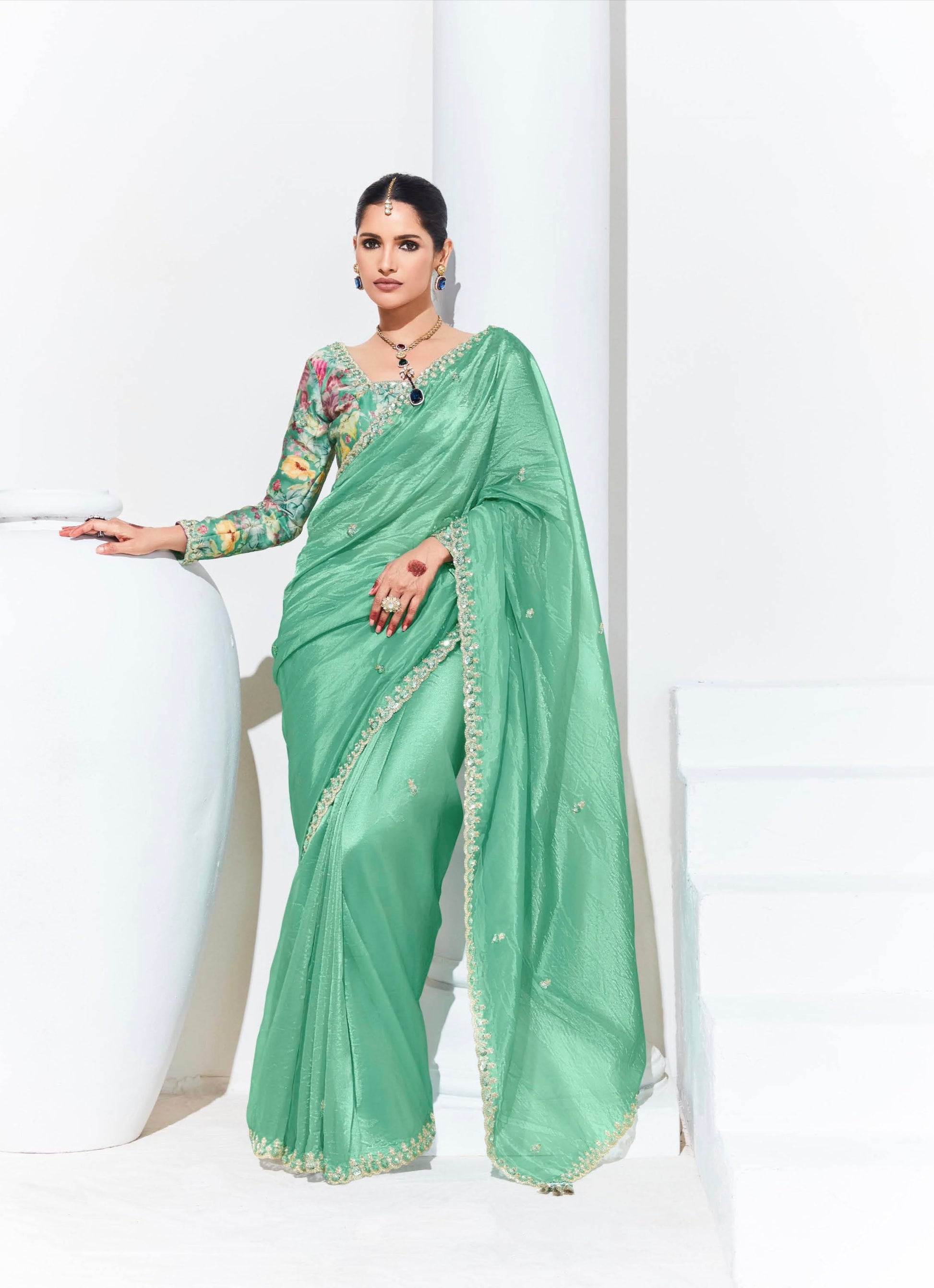 Mint Green Glass Tissue Saree with Sequins and Thread Embroidery