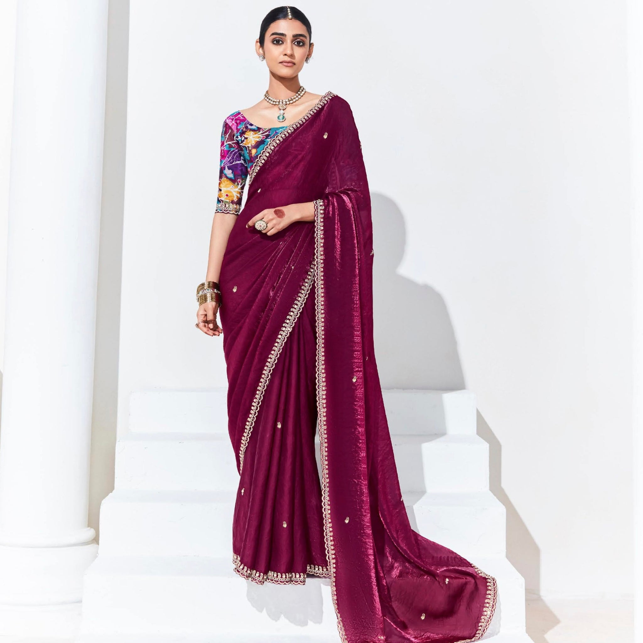 Maroon Organza Saree with Sequins and Thread Embroidery