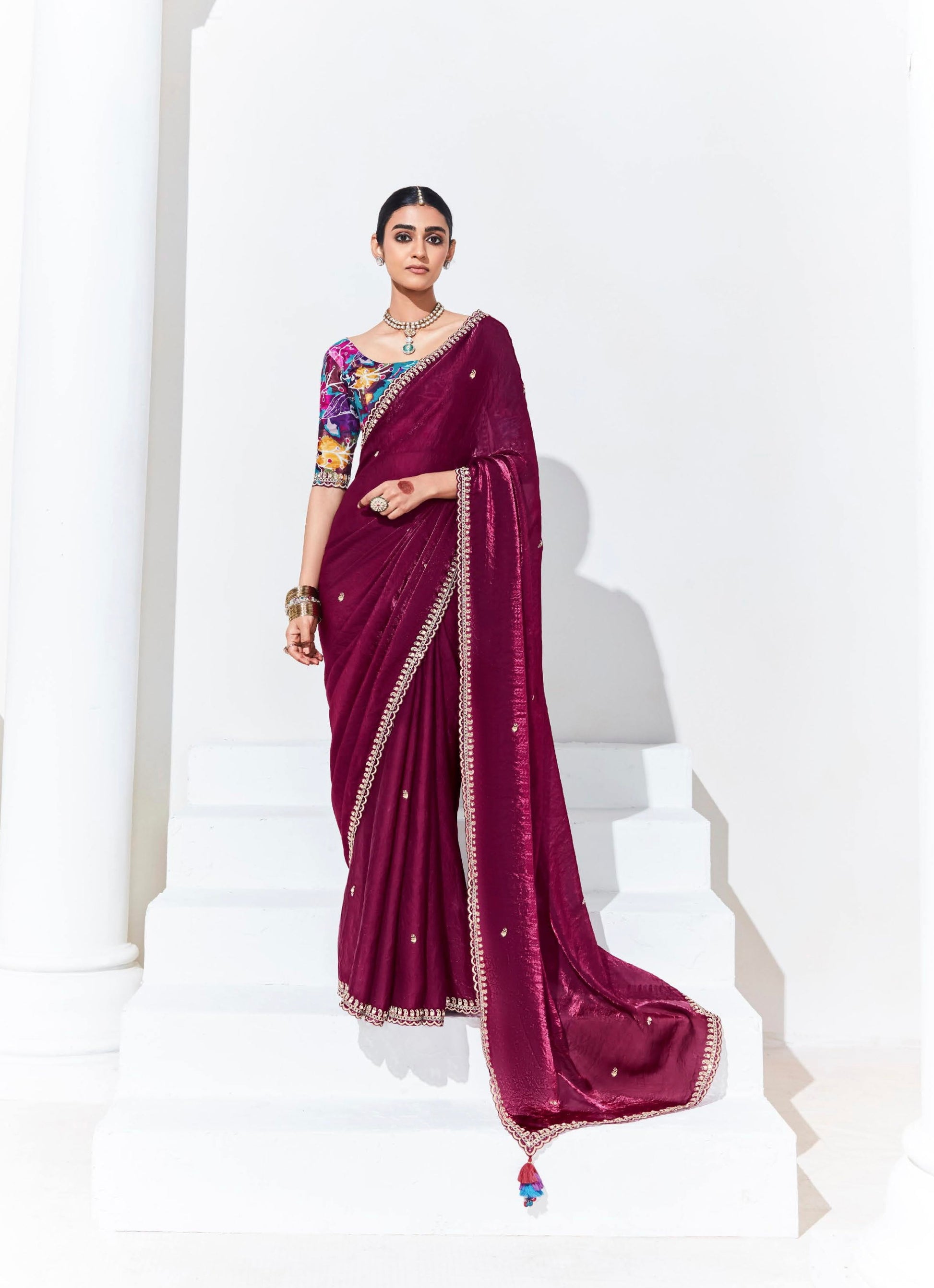 Maroon Organza Saree with Sequins and Thread Embroidery