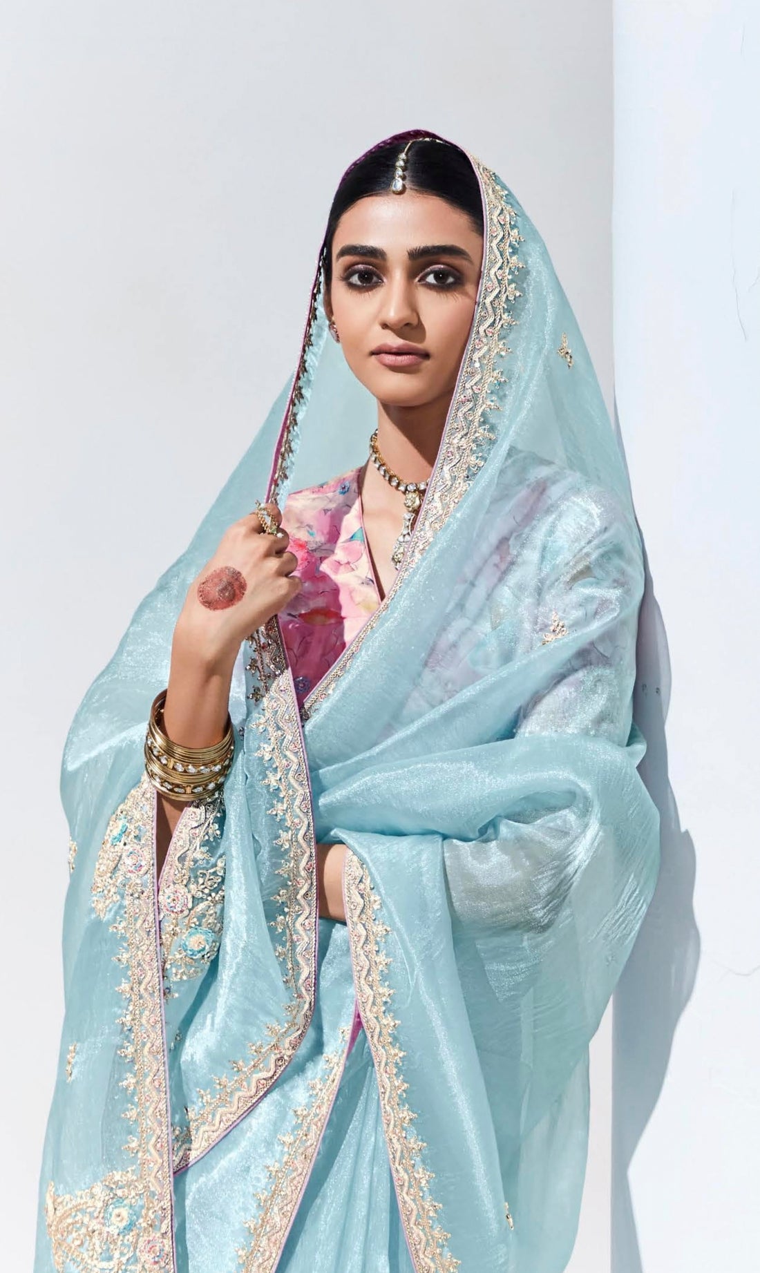 Sky Blue Glass Tissue Saree with Sequins and Thread Embroidery