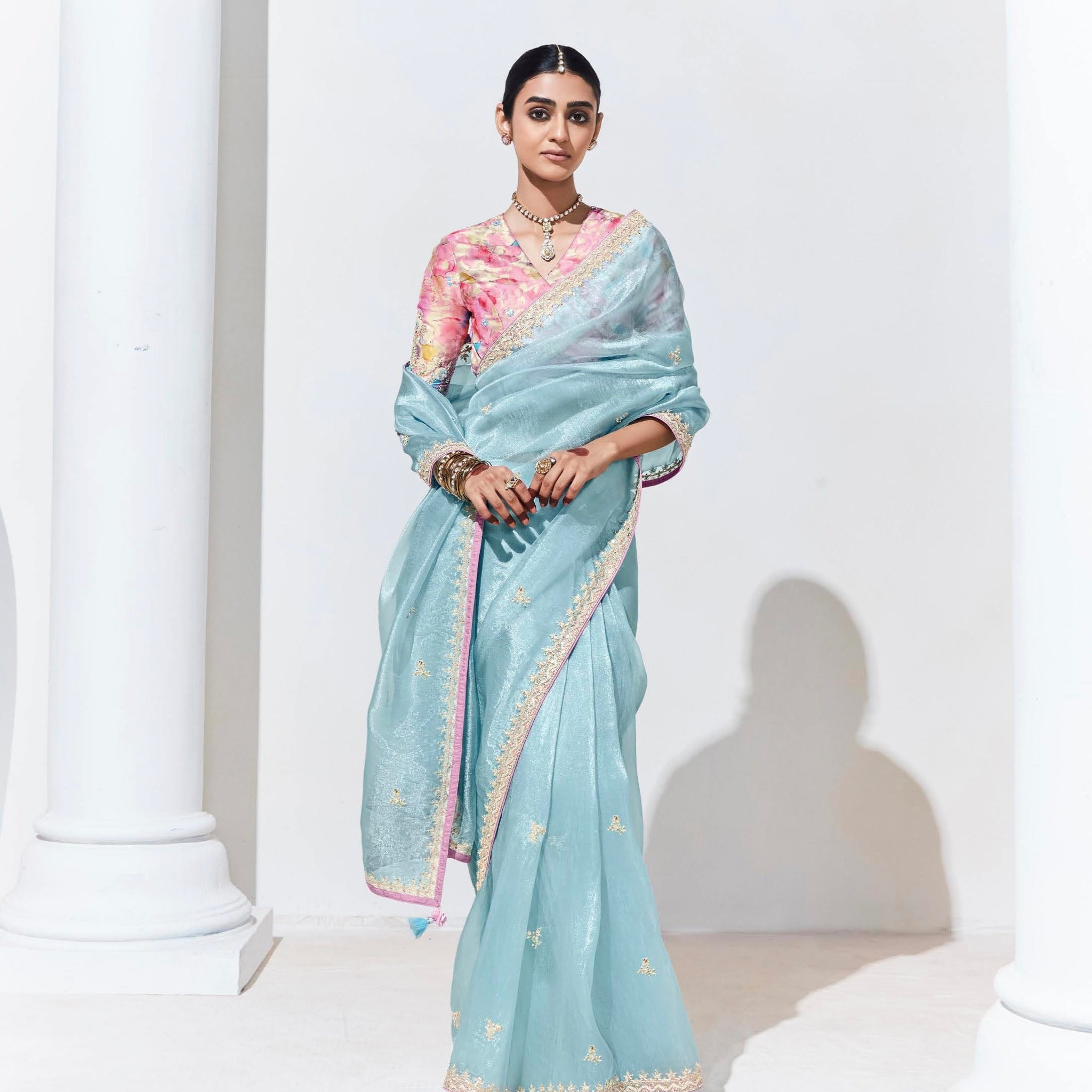 Sky Blue Glass Tissue Saree with Sequins and Thread Embroidery