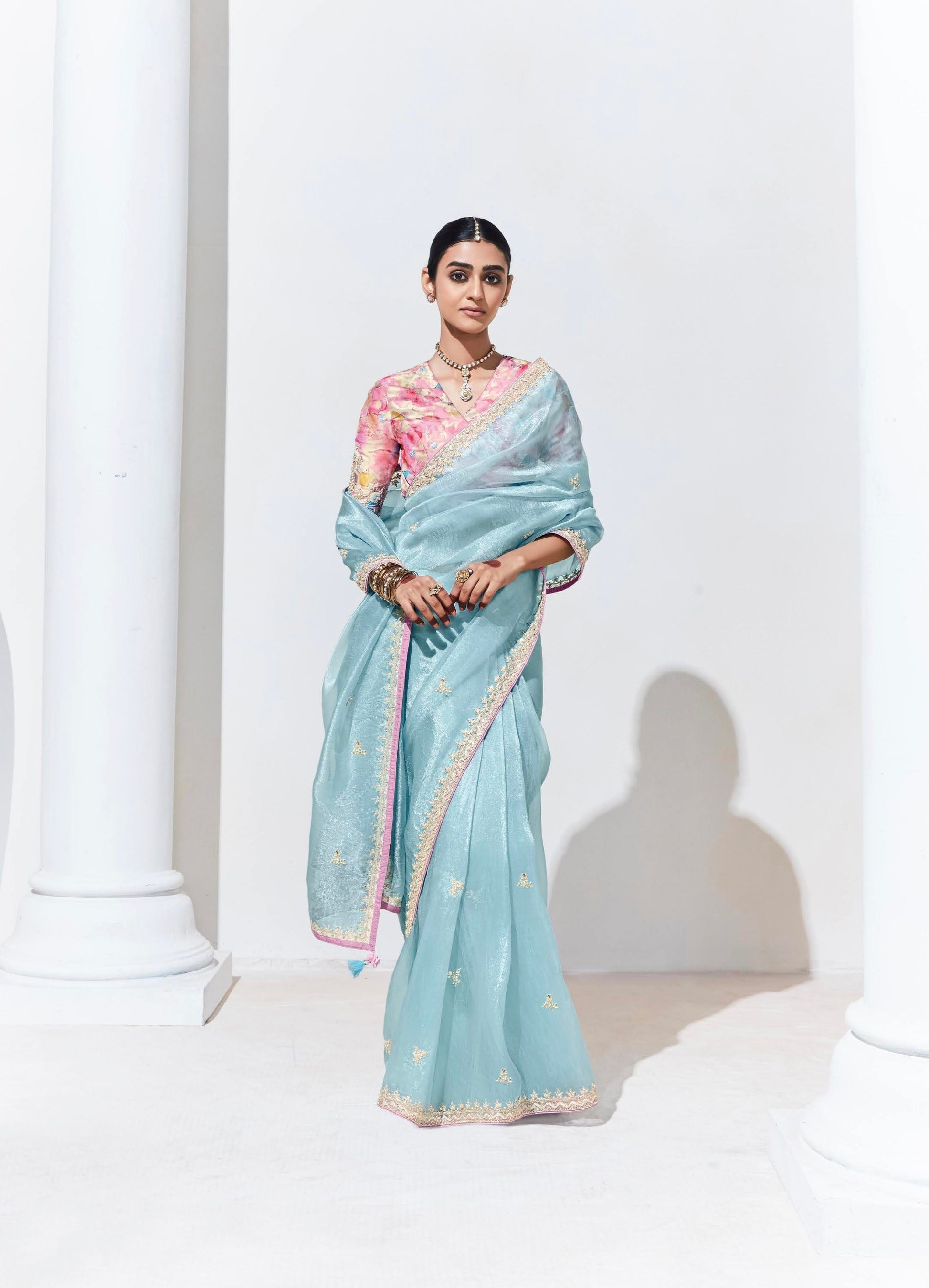 Sky Blue Glass Tissue Saree with Sequins and Thread Embroidery