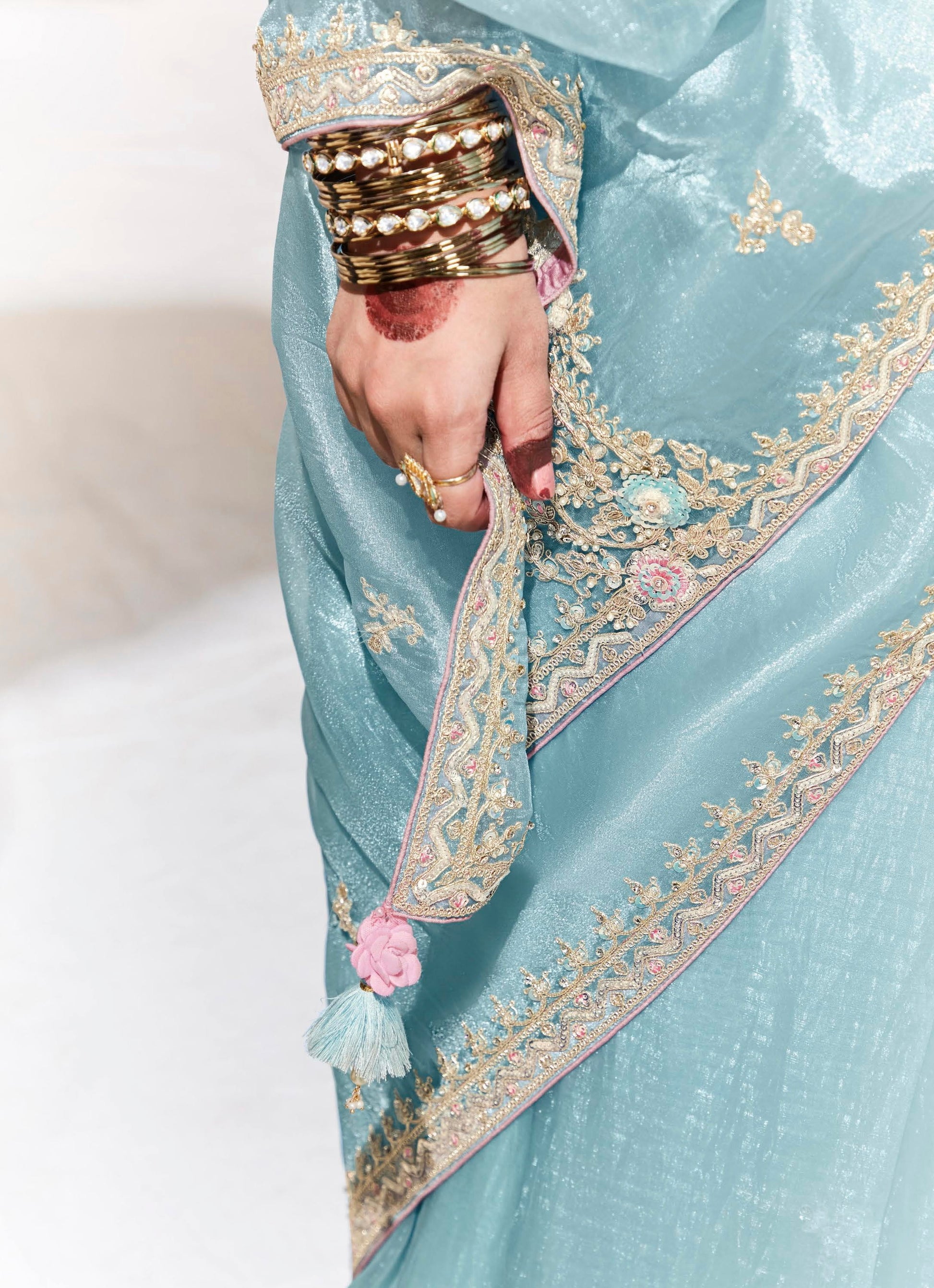 Sky Blue Glass Tissue Saree with Sequins and Thread Embroidery