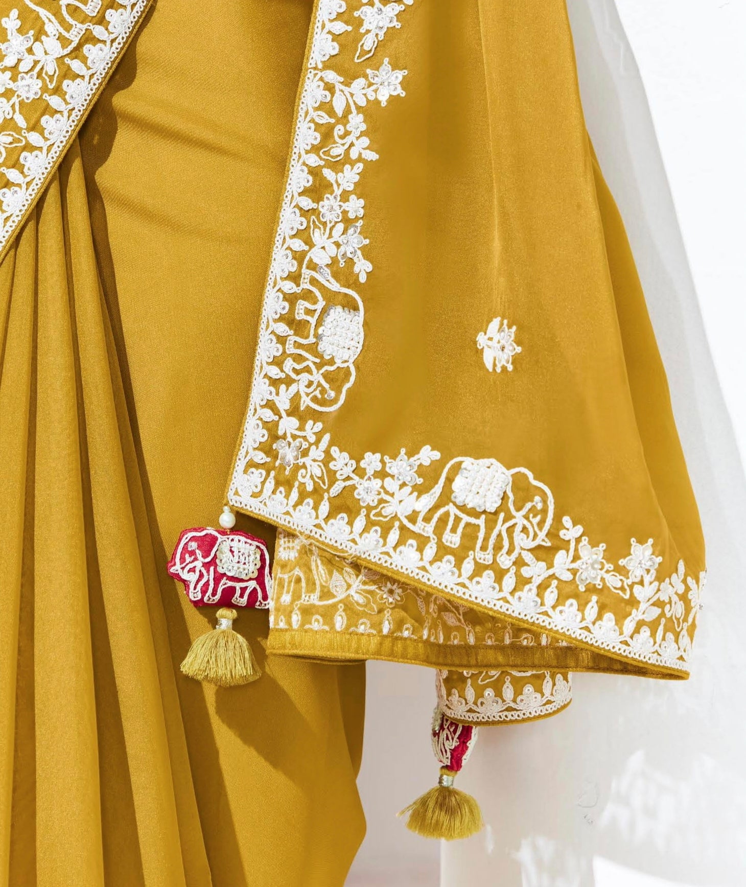 Mustard Yellow Organza Saree with Sequins and Thread Embroidery