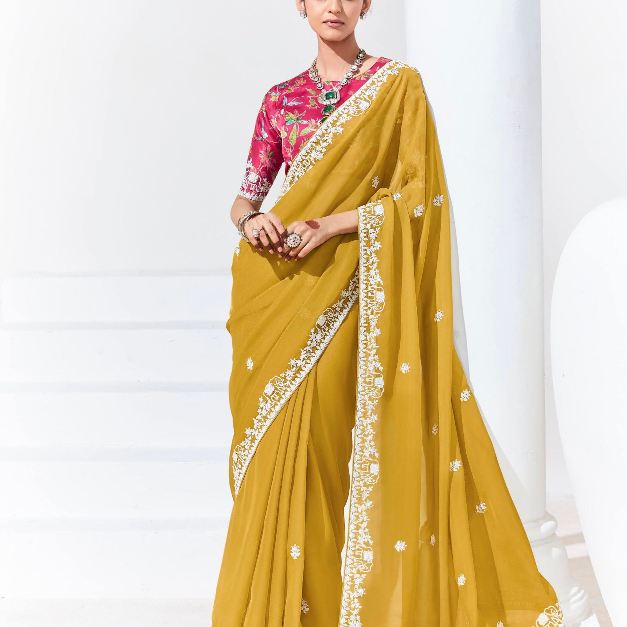 Mustard Yellow Organza Saree with Sequins and Thread Embroidery