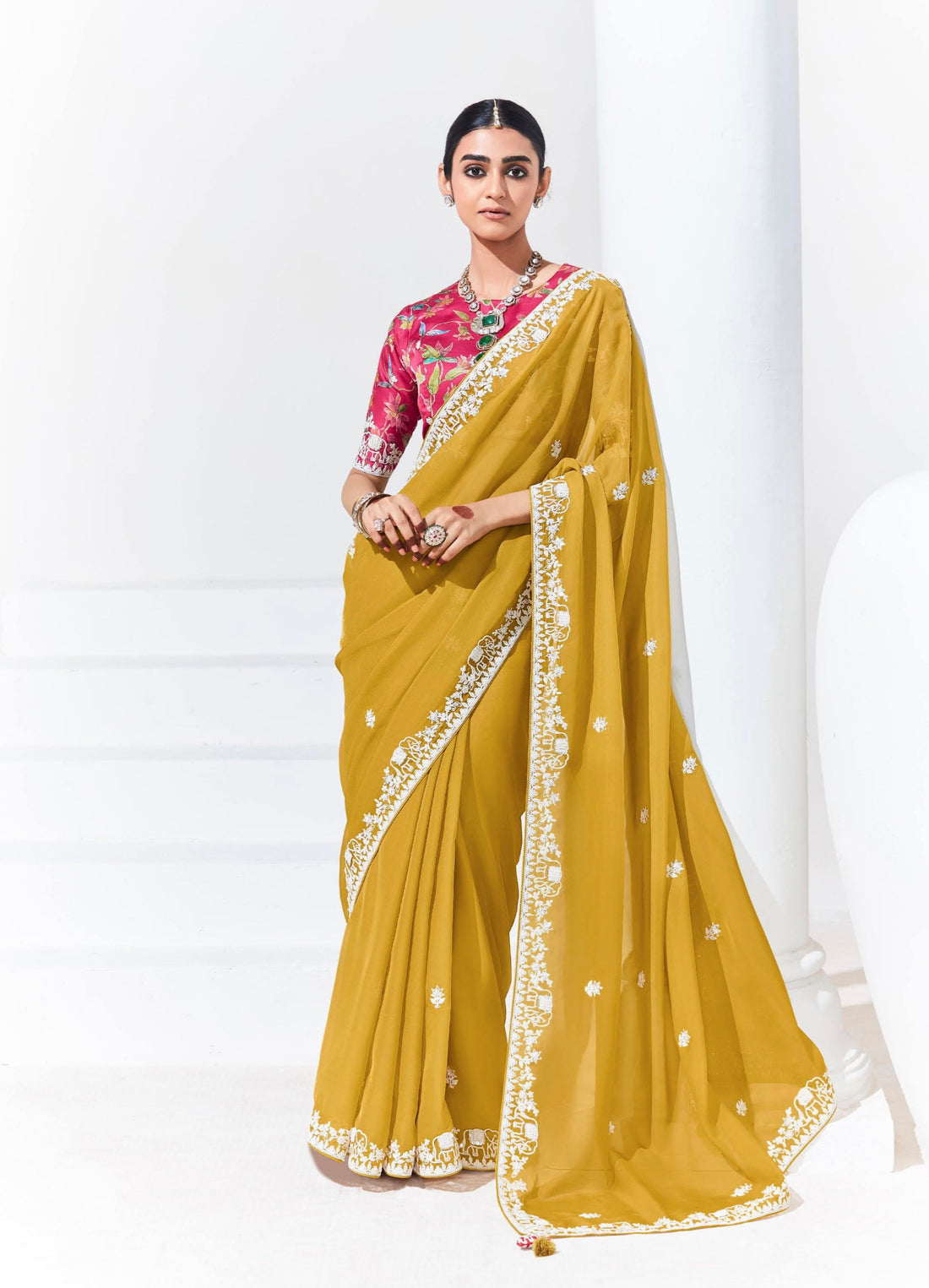 Mustard Yellow Organza Saree with Sequins and Thread Embroidery