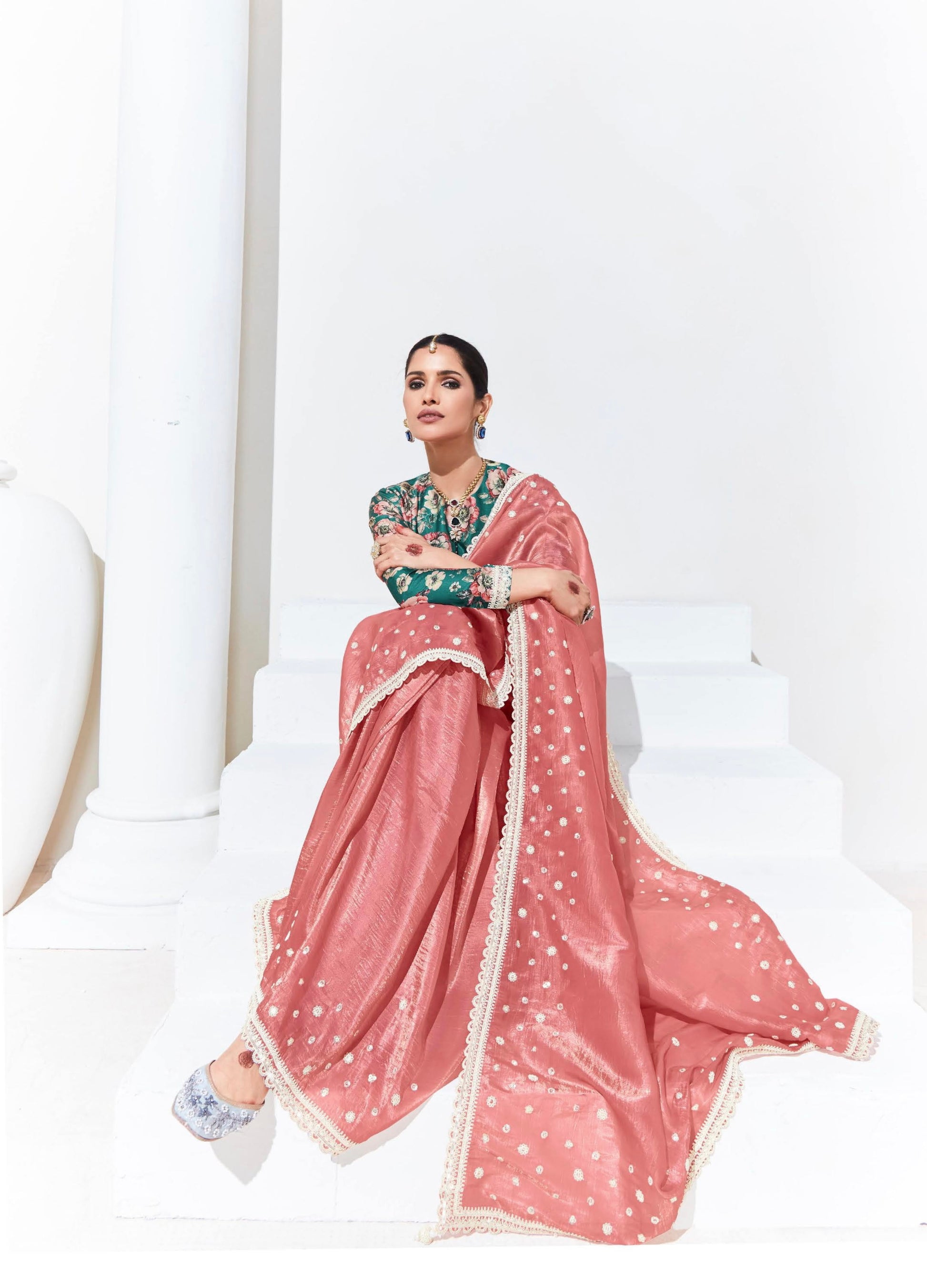 Pink Glass Tissue Saree with Sequins and Thread Embroidery