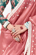 Pink Glass Tissue Saree with Sequins and Thread Embroidery