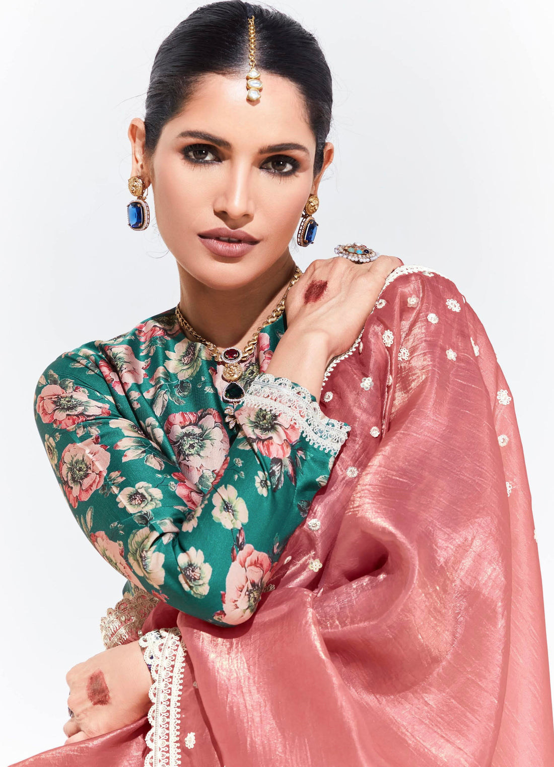 Pink Glass Tissue Saree with Sequins and Thread Embroidery