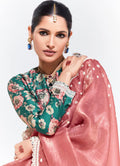 Pink Glass Tissue Saree with Sequins and Thread Embroidery