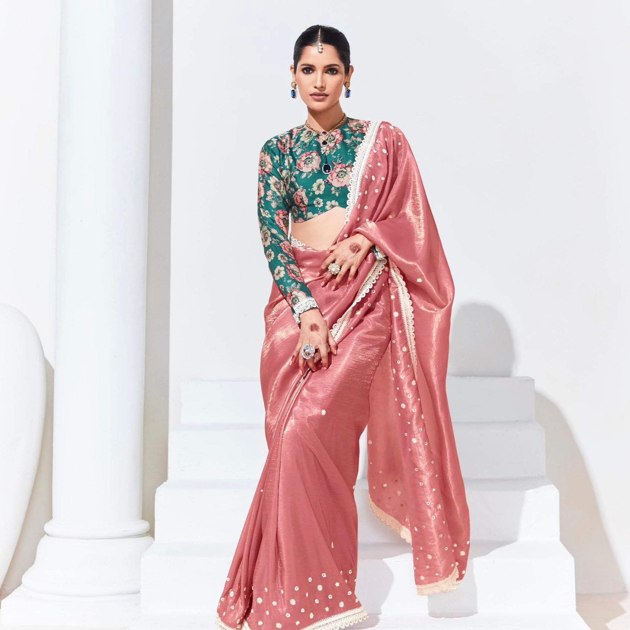 Pink Glass Tissue Saree with Sequins and Thread Embroidery