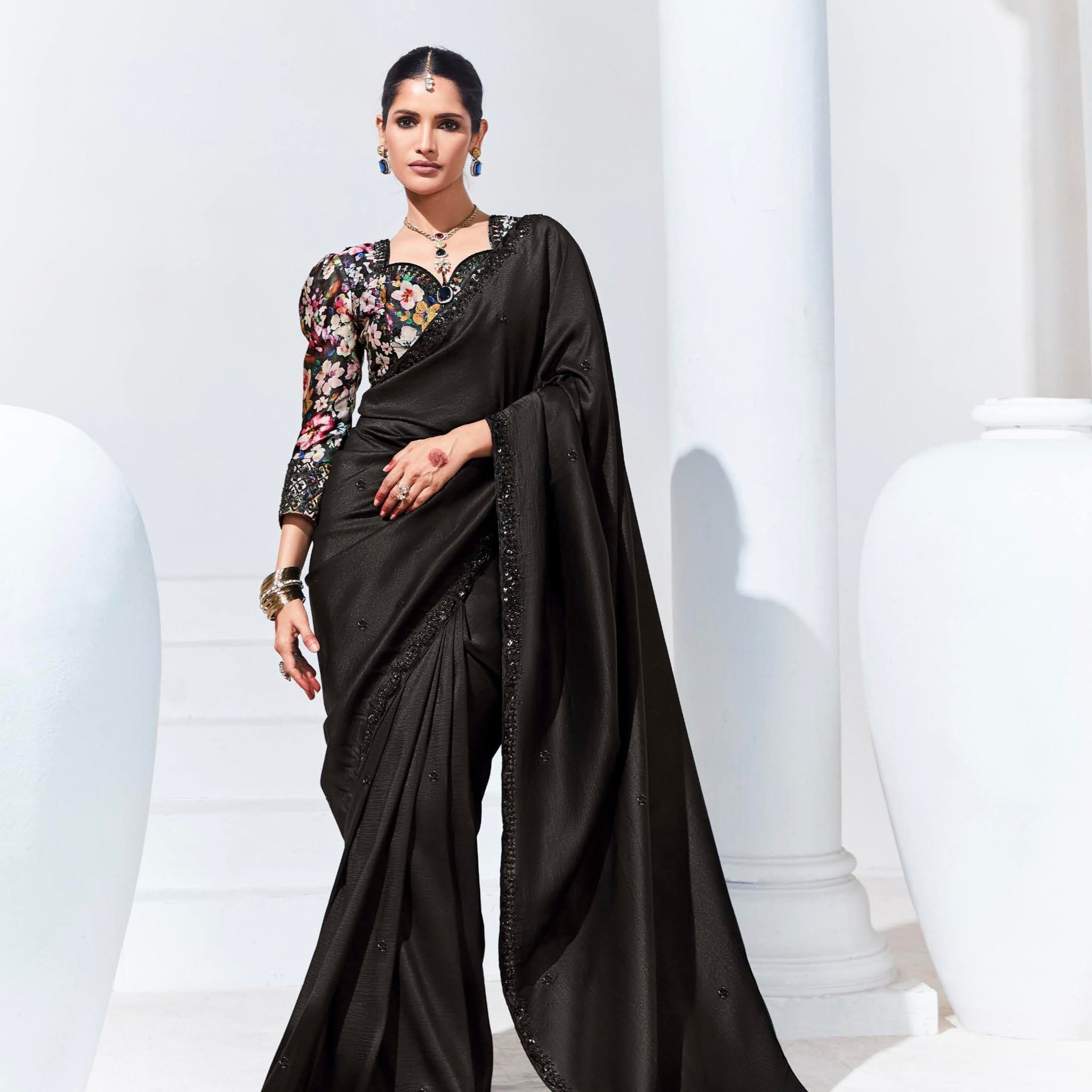 Black Organza Saree with Sequins and Thread Embroidery