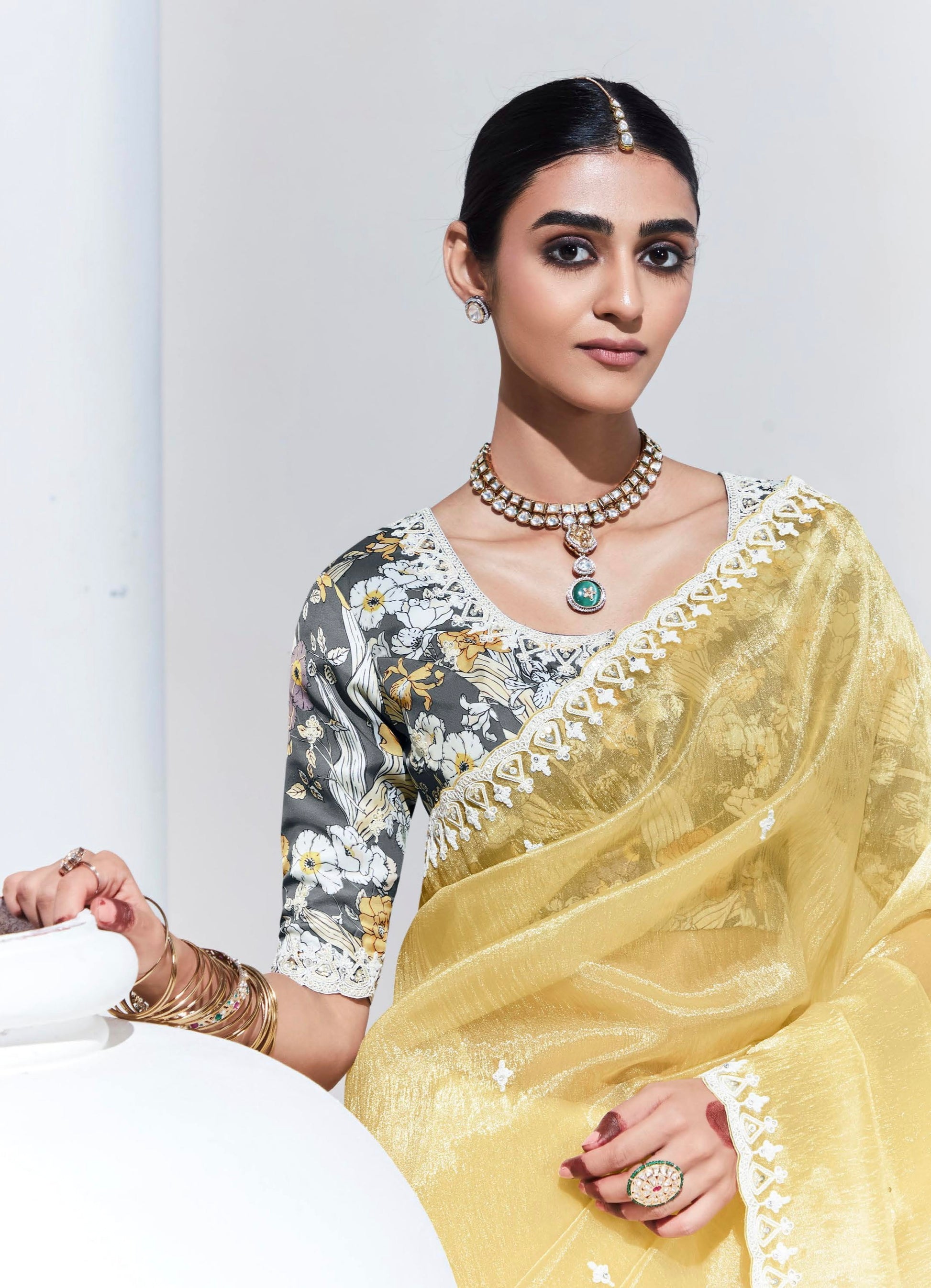 Yellow Glass Tissue Saree with Sequins and Thread Embroidery