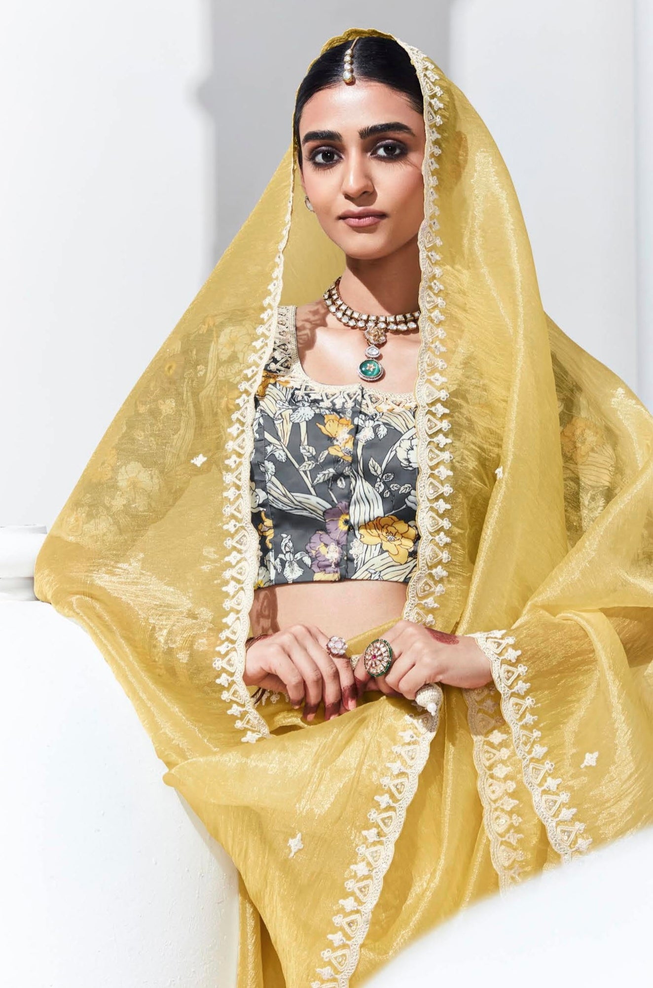 Yellow Glass Tissue Saree with Sequins and Thread Embroidery