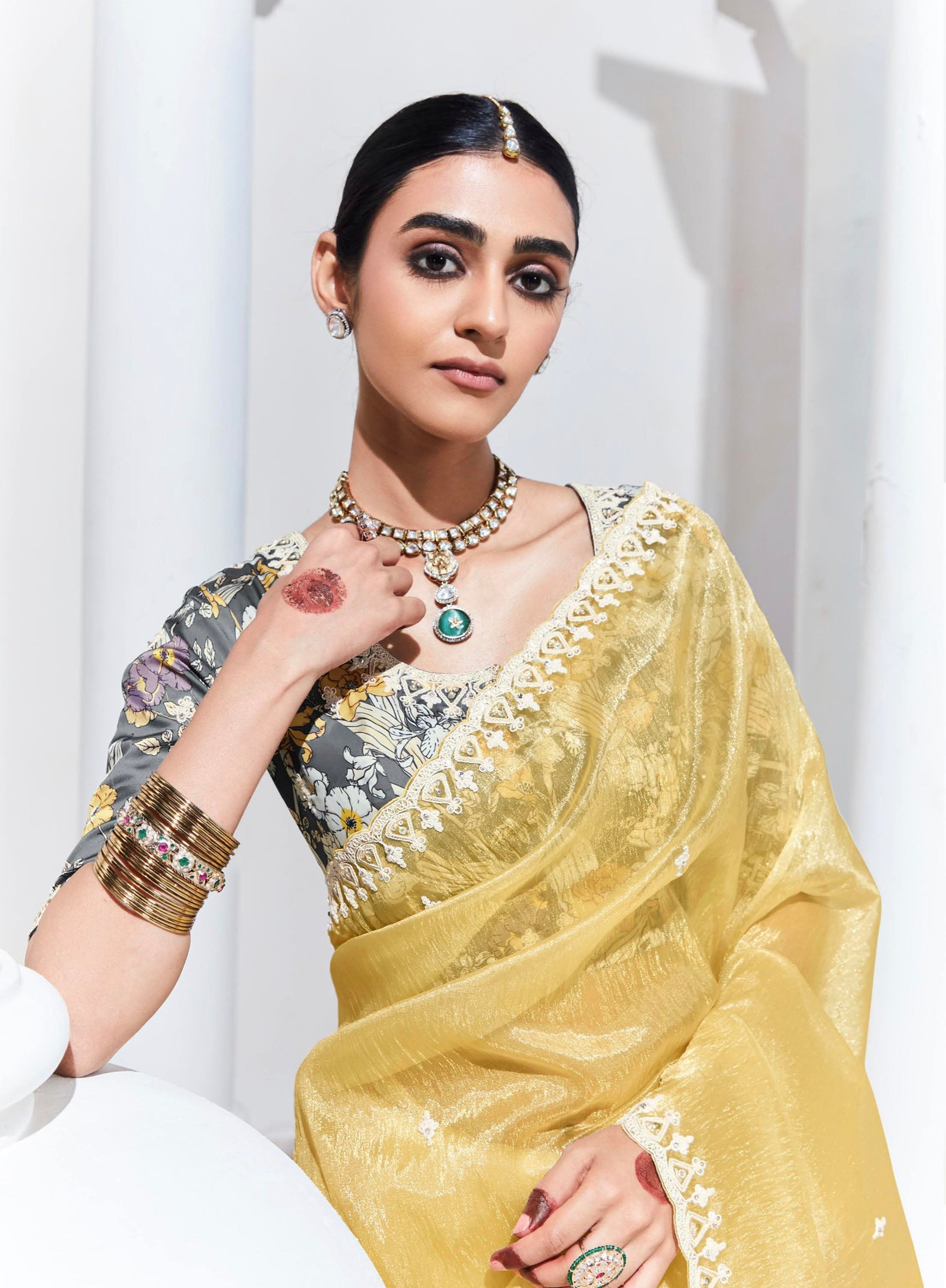 Yellow Glass Tissue Saree with Sequins and Thread Embroidery