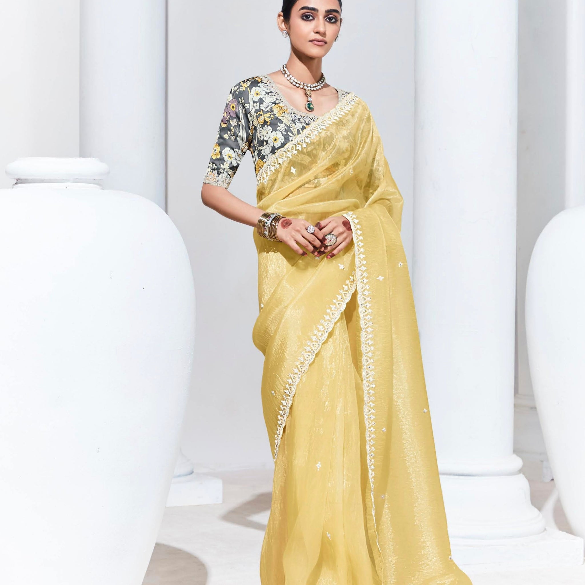 Yellow Glass Tissue Saree with Sequins and Thread Embroidery