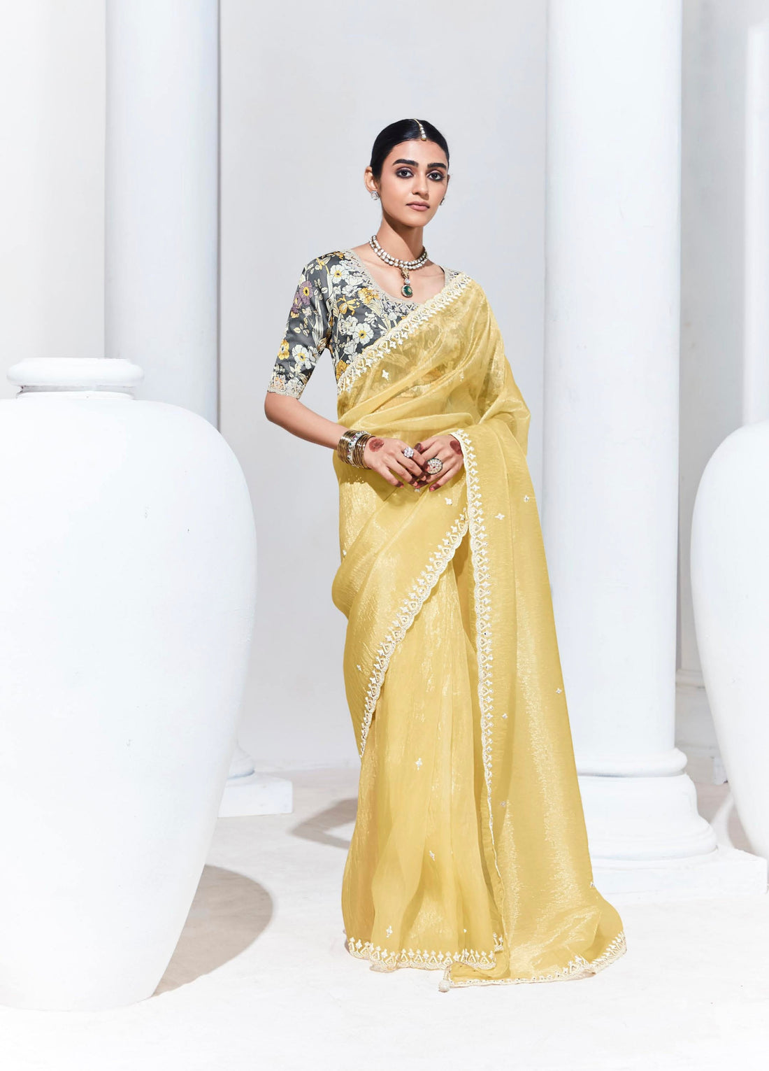 Yellow Glass Tissue Saree with Sequins and Thread Embroidery