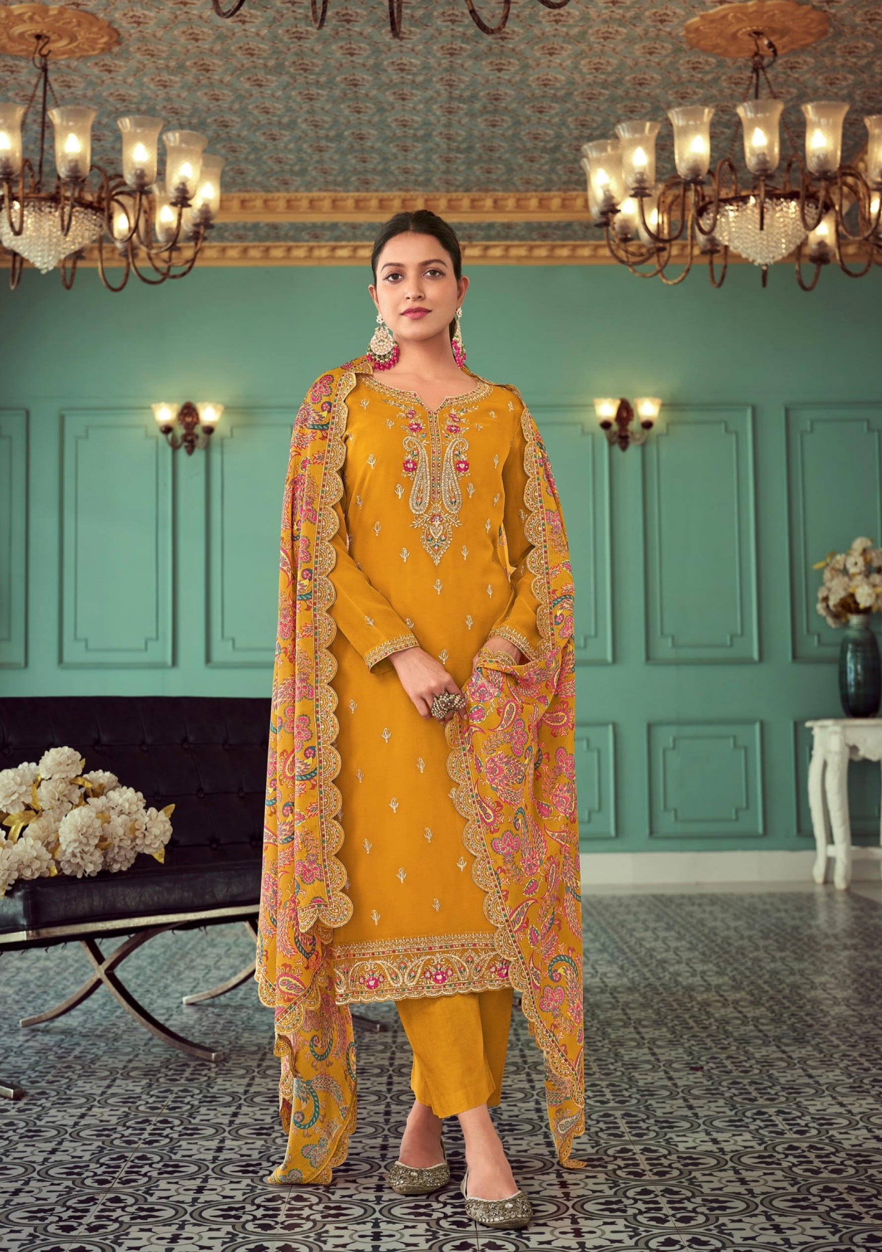 Mustard Yellow Palazzo Suit in Real Georgette with Heavy Santoon and Chinnon Dupatta