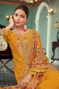 Mustard Yellow Palazzo Suit in Real Georgette with Heavy Santoon and Chinnon Dupatta