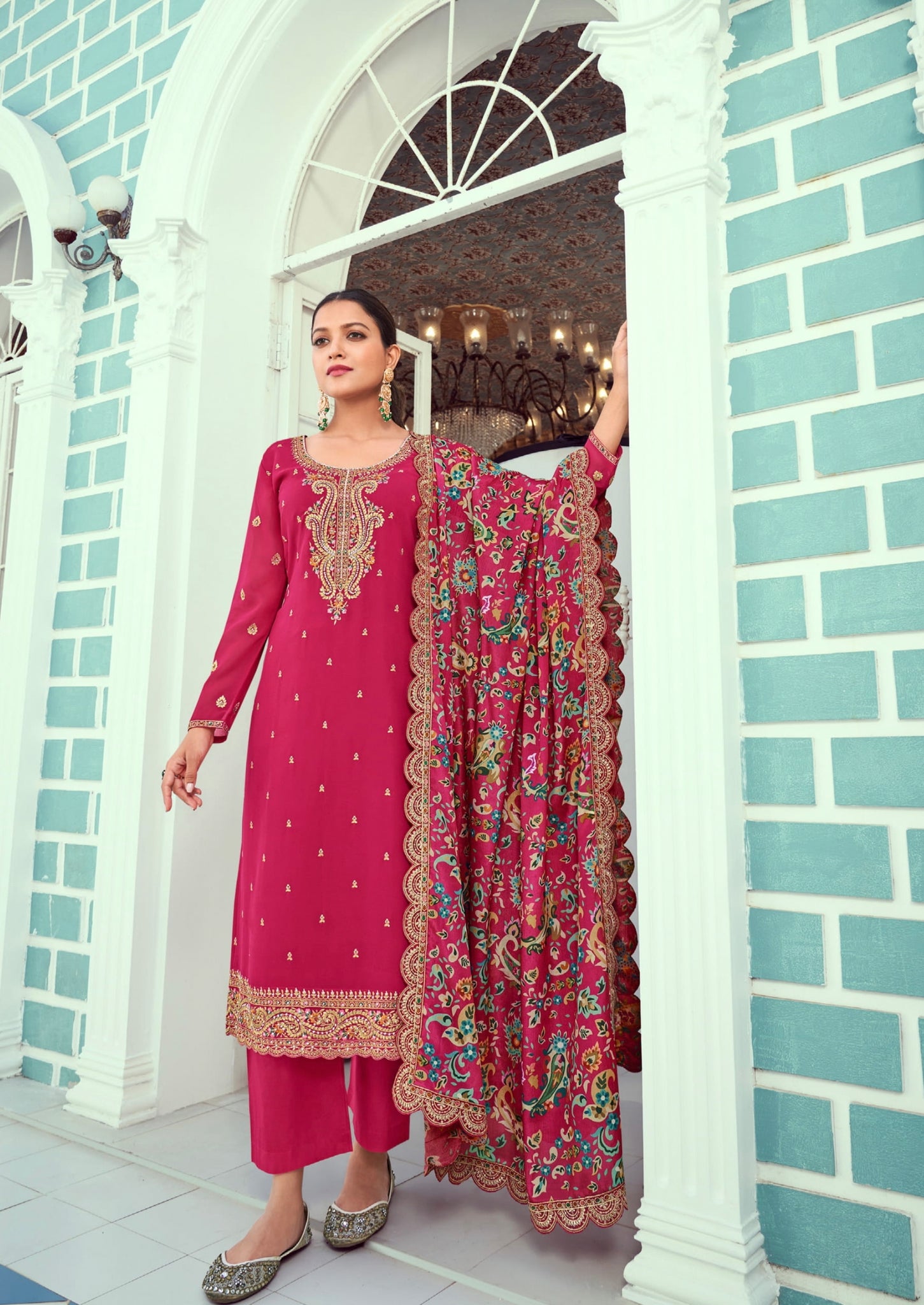 Magenta Palazzo Suit in Real Georgette with Heavy Santoon and Chinnon Dupatta