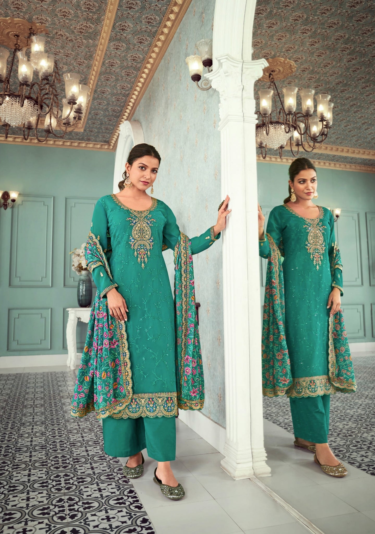 Teal Green Palazzo Suit in Real Georgette with Heavy Santoon and Chinnon Dupatta