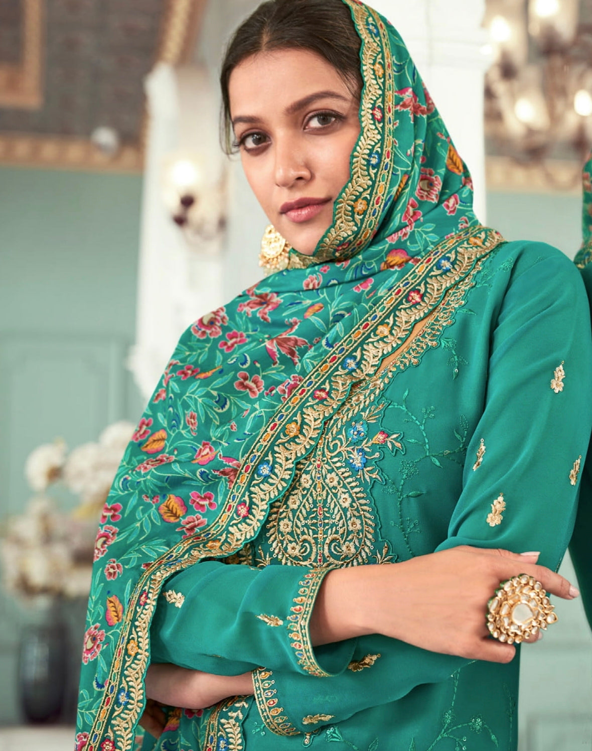 Teal Green Palazzo Suit in Real Georgette with Heavy Santoon and Chinnon Dupatta