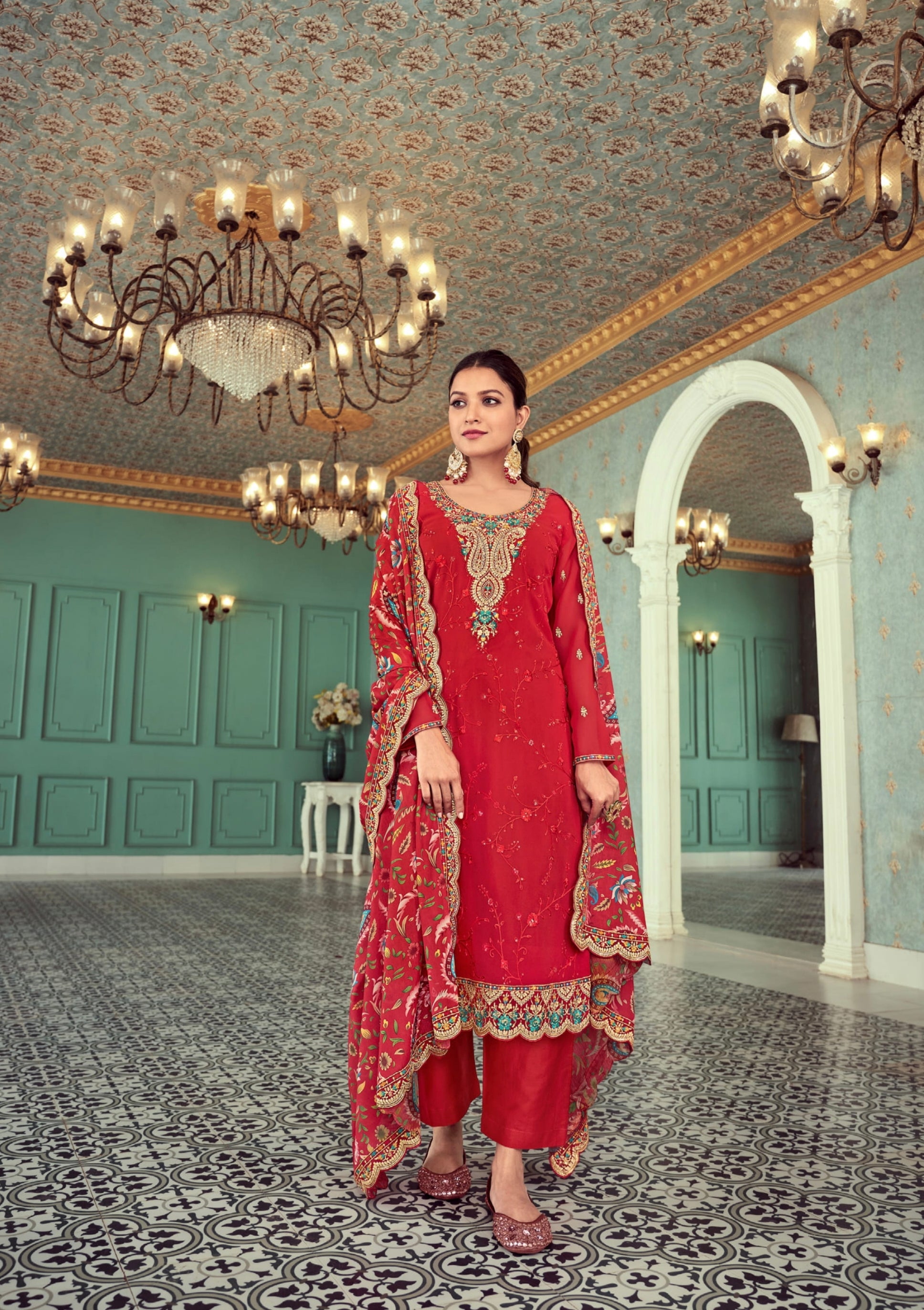 Red Palazzo Suit in Real Georgette with Heavy Santoon and Chinnon Dupatta