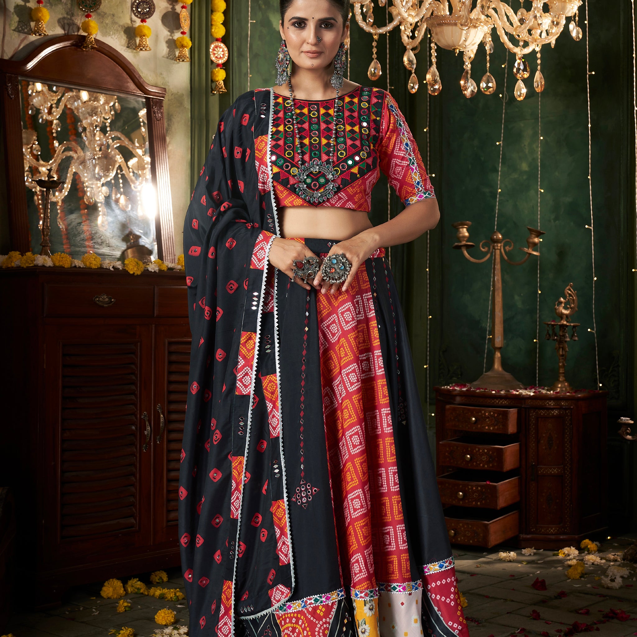 Black Maslin Cotton Mirror Work Chaniya Choli for Navratri