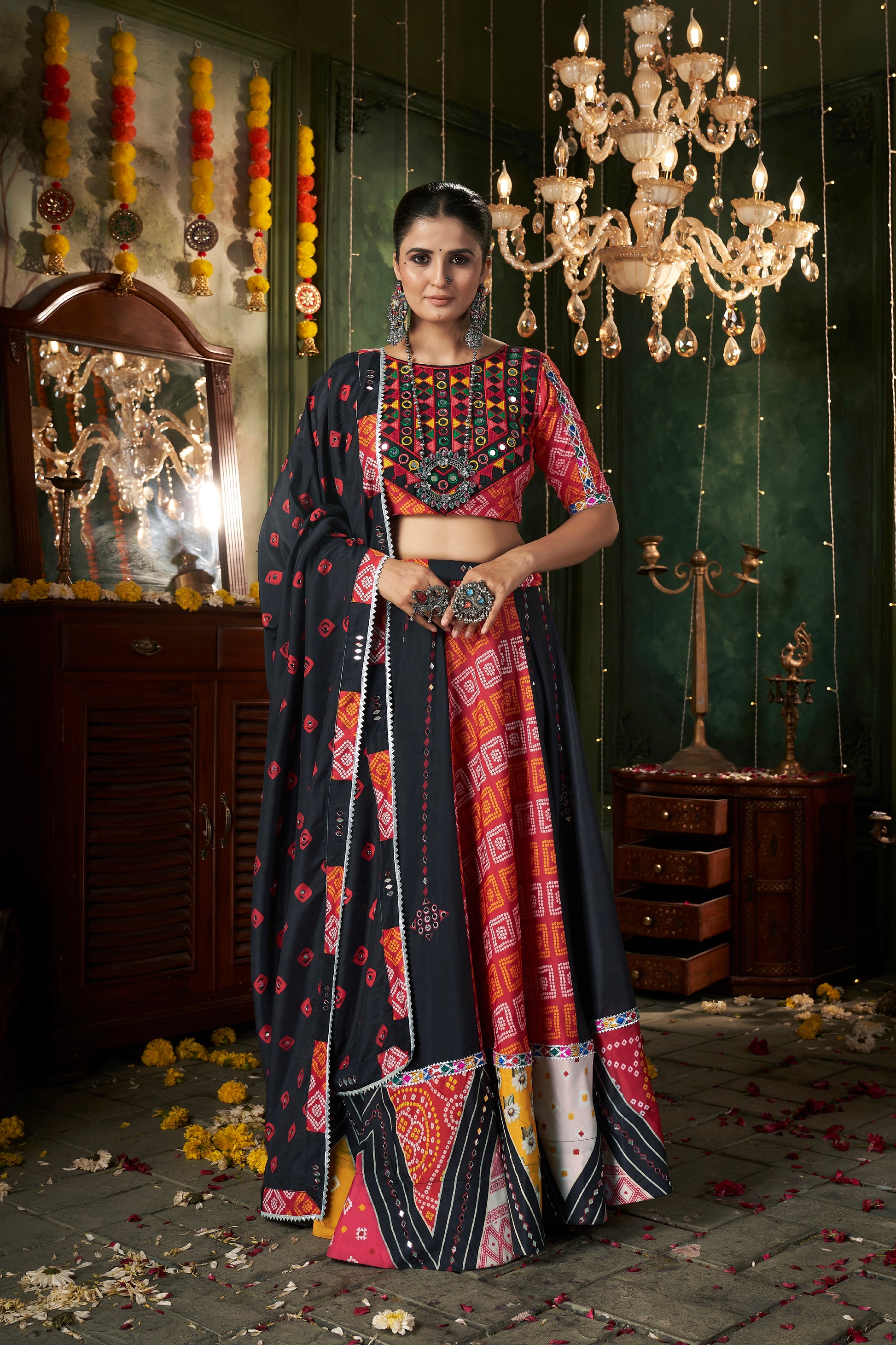 Black Maslin Cotton Mirror Work Chaniya Choli for Navratri