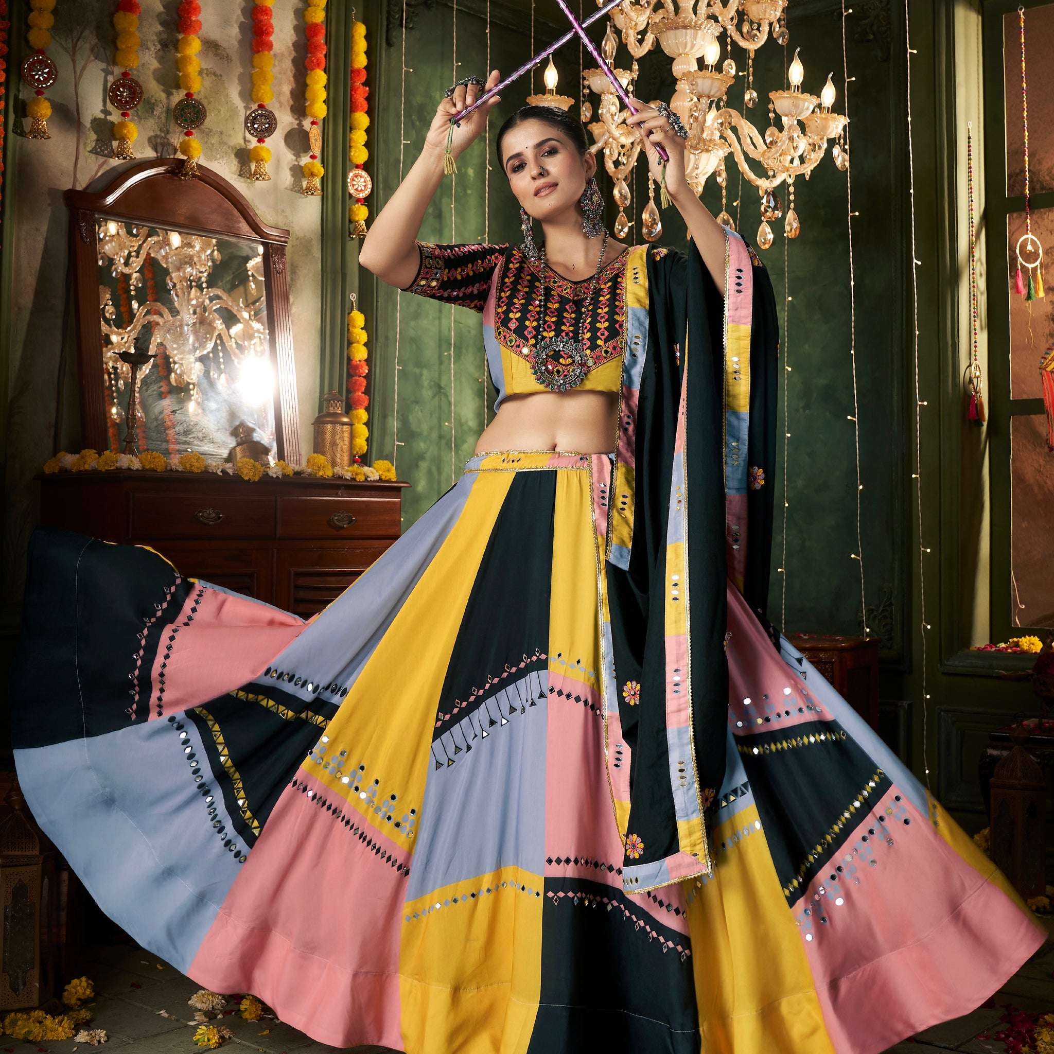 Multi-Color Maslin Cotton Chaniya Choli with Mirror Work