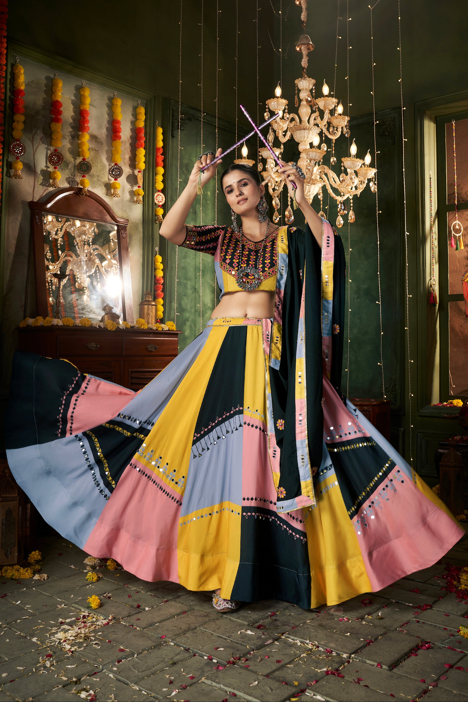 Multi-Color Maslin Cotton Chaniya Choli with Mirror Work