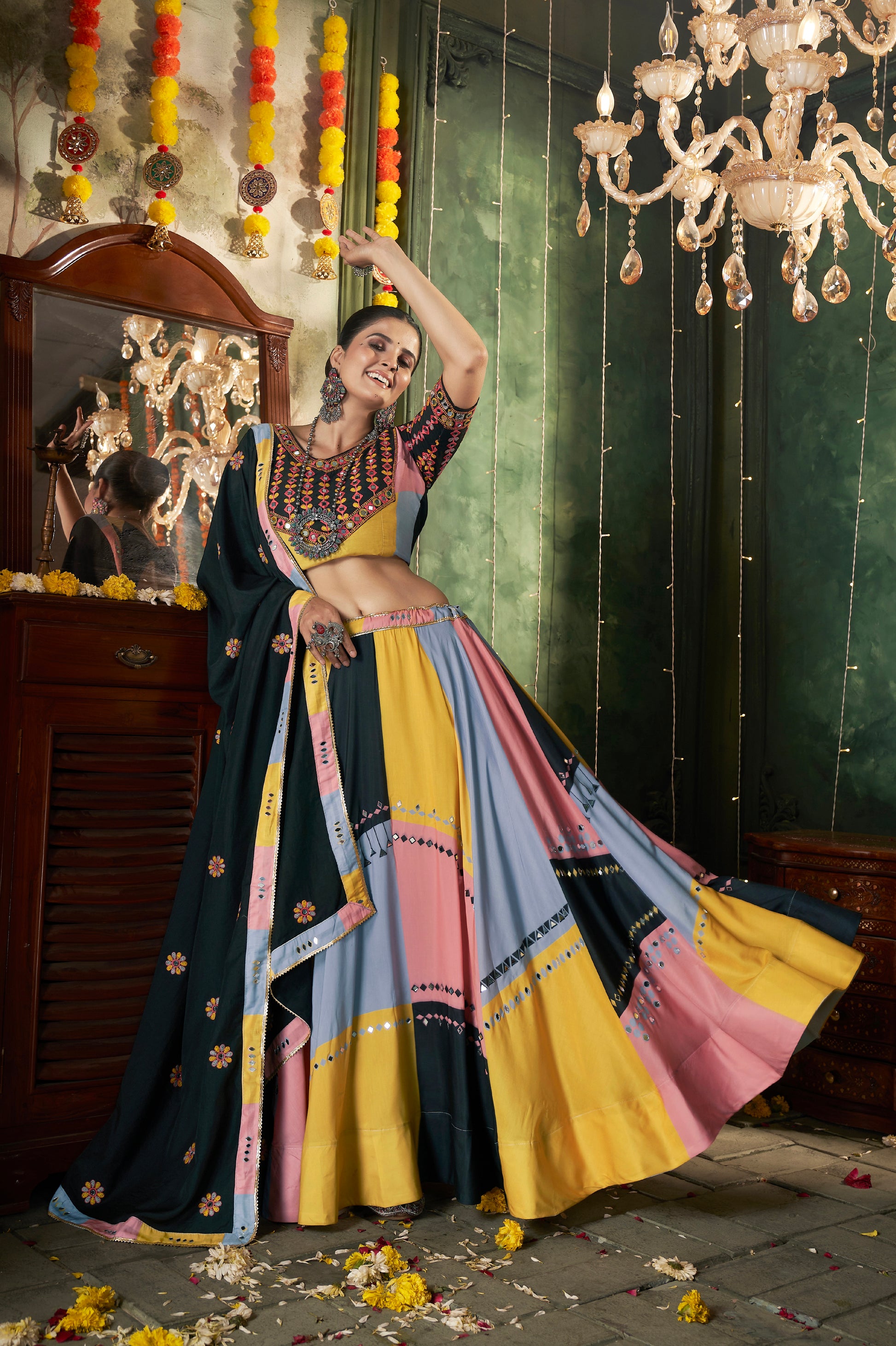 Multi-Color Maslin Cotton Chaniya Choli with Mirror Work