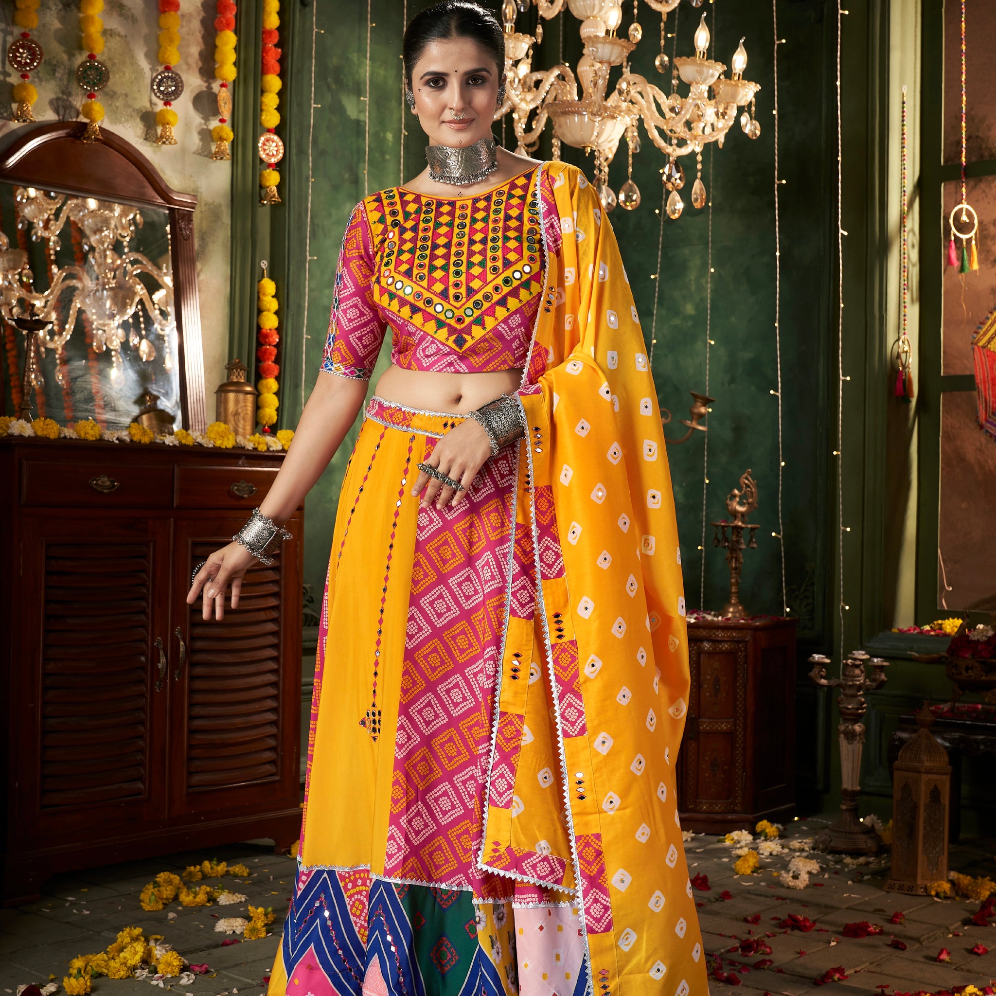 Yellow Maslin Cotton Chaniya Choli with Mirror Work
