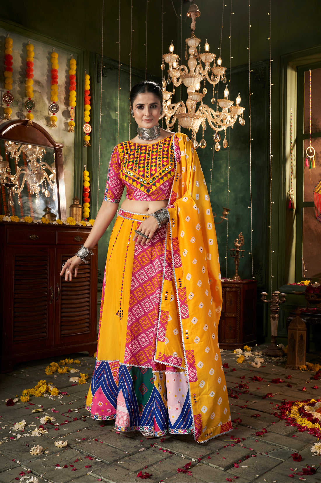 Yellow Maslin Cotton Chaniya Choli with Mirror Work
