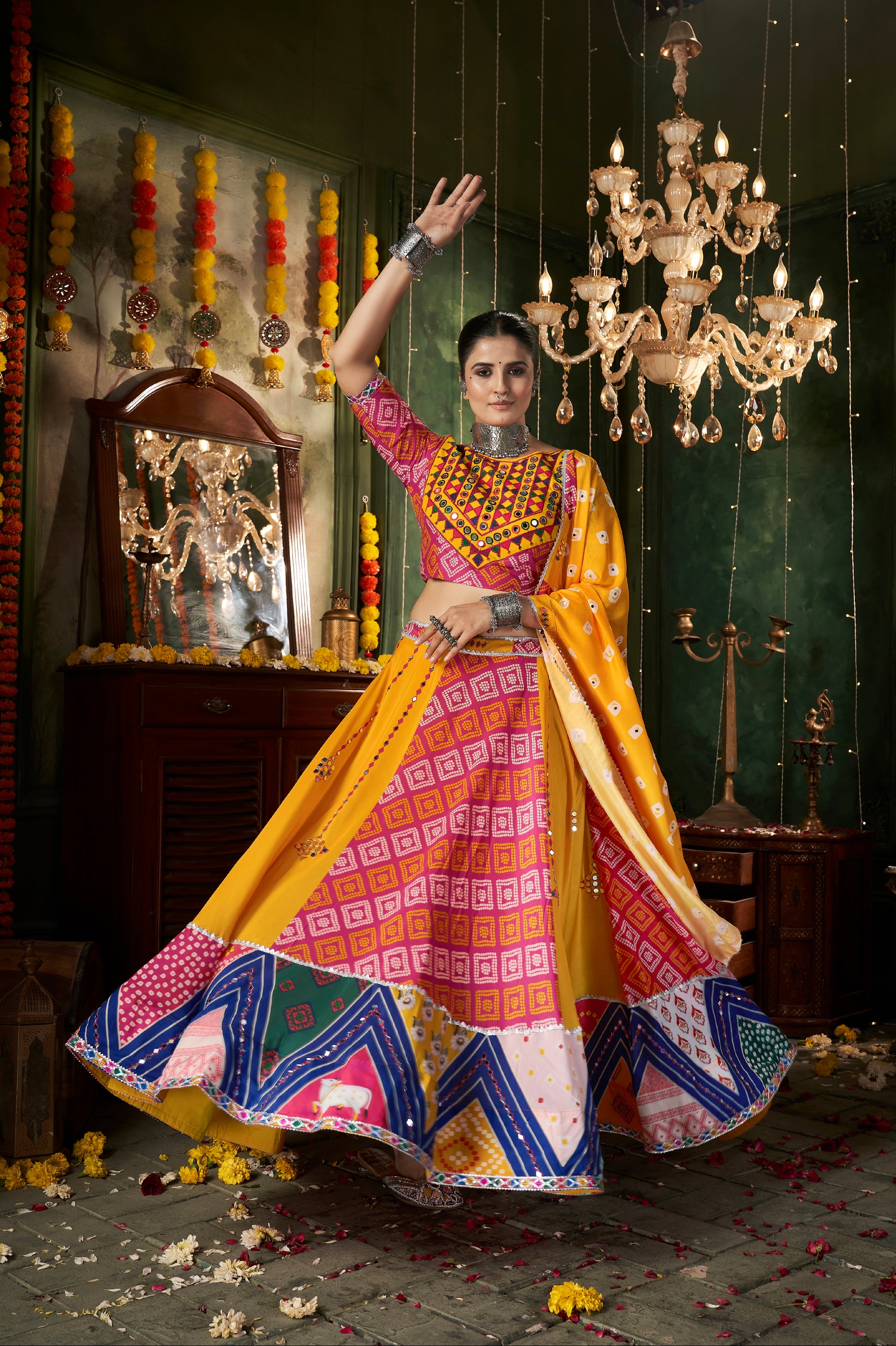 Yellow Maslin Cotton Chaniya Choli with Mirror Work
