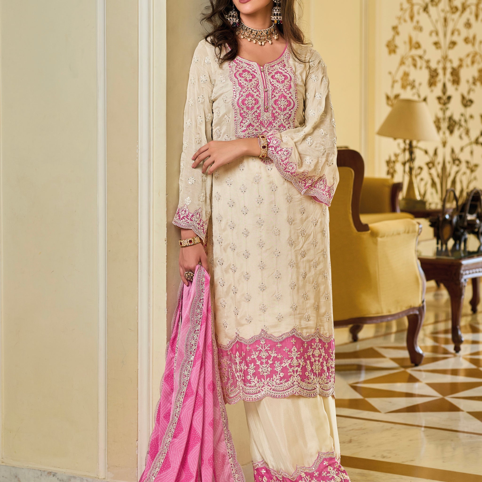 Pink and White Sharara Suit with Heavy Embroidery Work