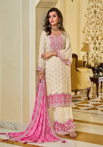 Pink and White Sharara Suit with Heavy Embroidery Work