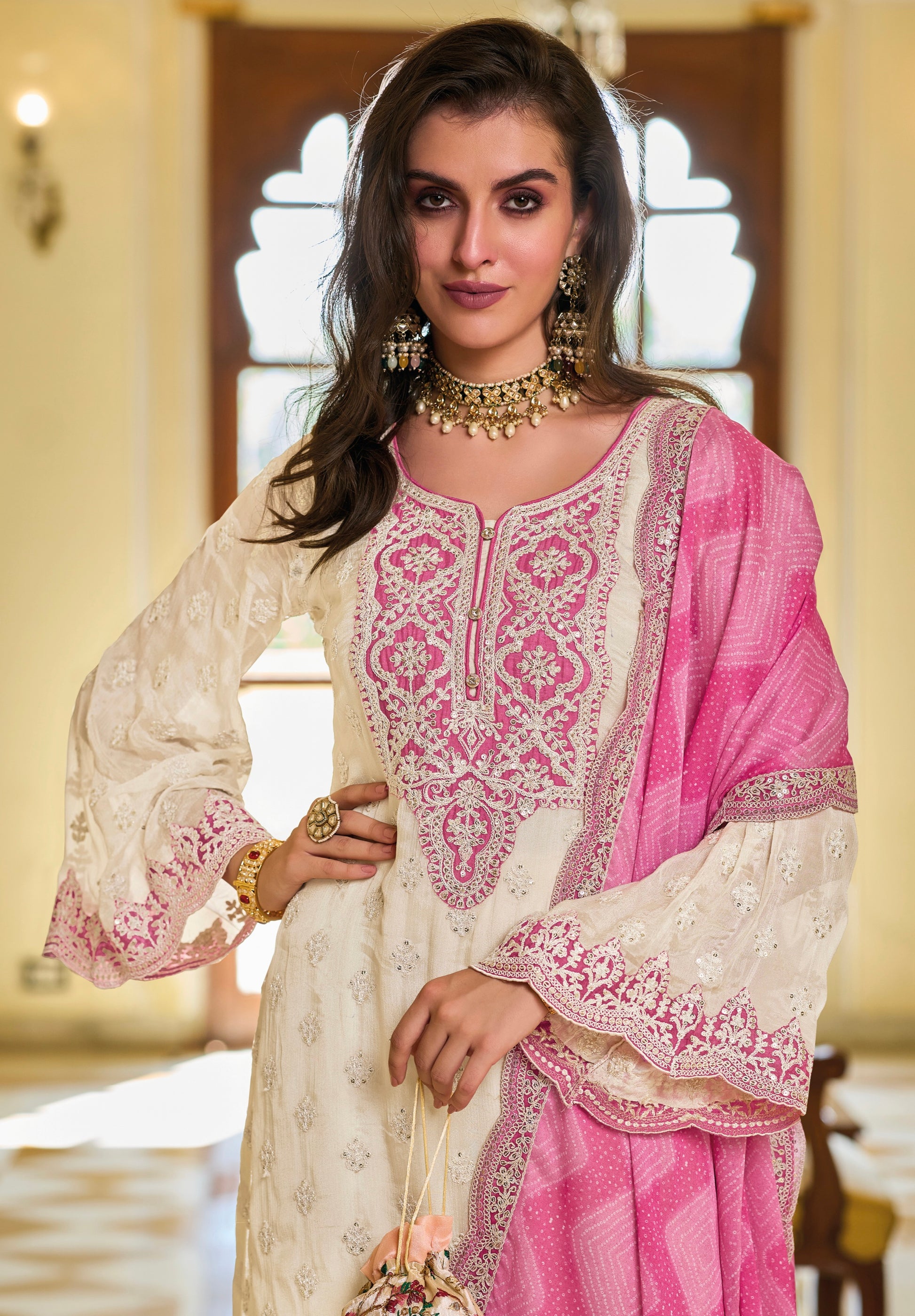 Pink and White Sharara Suit with Heavy Embroidery Work