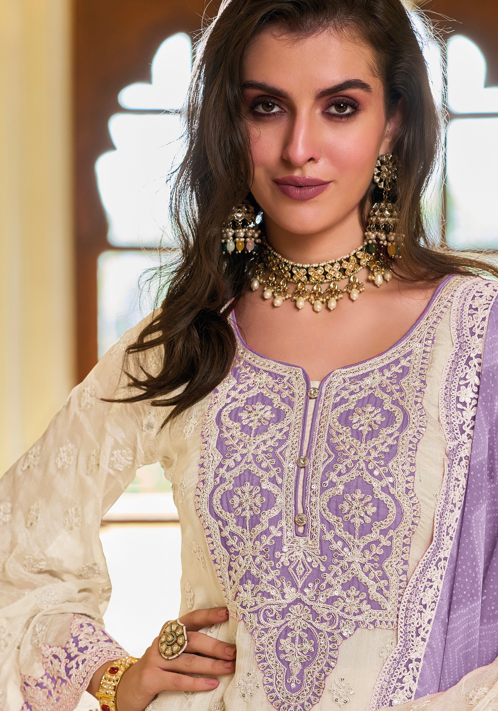 Lavender and White Sharara Suit with Intricate Embroidery