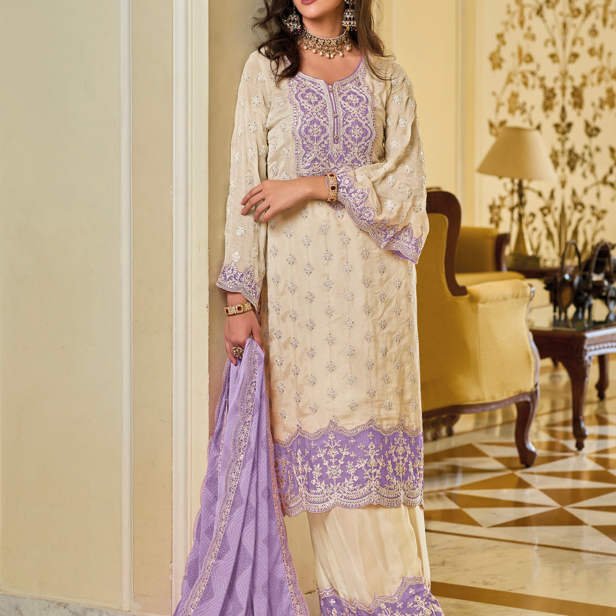 Lavender and White Sharara Suit with Intricate Embroidery