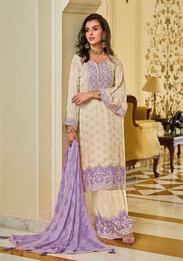 Lavender and White Sharara Suit with Intricate Embroidery